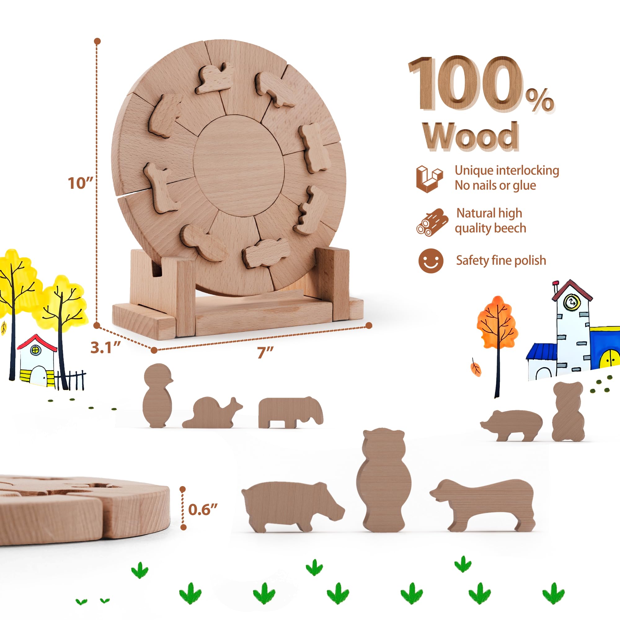 TYP101 2-in-1 Thickened Wooden Puzzle Blocks - Montessori STEM Educational Toys for Kids Ages 3+ | Premium Beech Wood Building Blocks with Interlocking Stackable Design | Includes Display & Storage Stand | Perfect for Preschool Learning, Fine Motor Skills Development & Creative Play at Home or Classroom