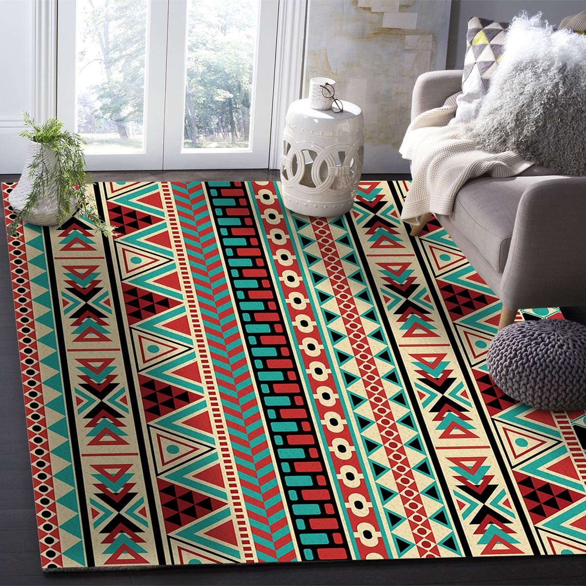 Aztec Ethnic Area Rug 5ftx7ft - Native American Indigenous Soft Washable Carpet with Non-Slip Backing | Easy to Clean Living Room Rug, Bedroom Carpet, Kitchen & Dining Room Floor Mat | Perfect for Home Office Decor & Cozy Spaces