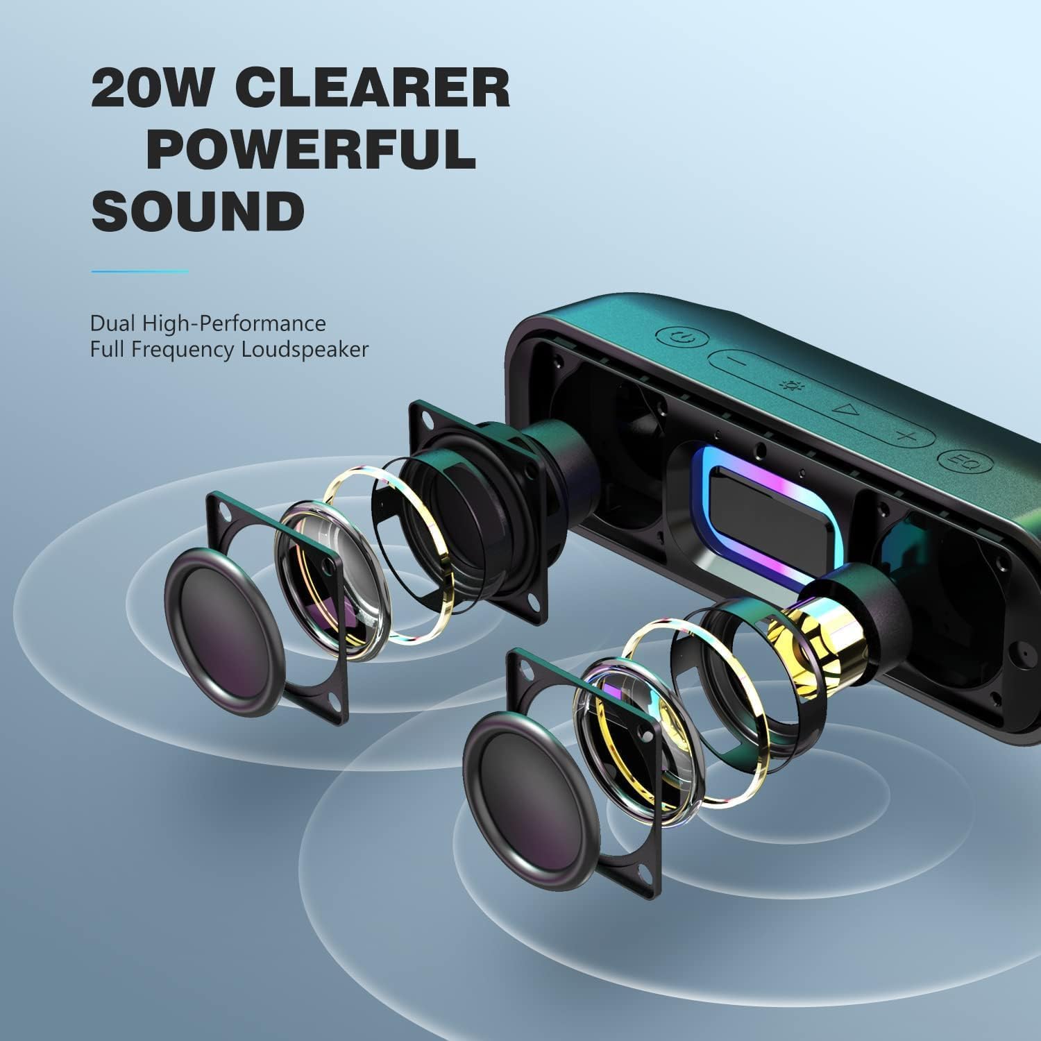 20W Portable Bluetooth Speaker with Stereo Sound, IPX7 Waterproof Wireless Speaker - TWS Pairing, Multi-Color LED Lights, 15H Playtime for Parties, Shower, Beach, Camping & Outdoor Activities