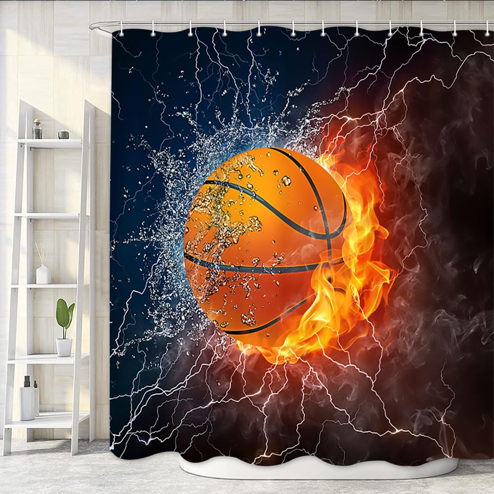 Basketball on Fire Sports Shower Curtain - 72x72 Inch Waterproof Polyester Bathroom Decor with 12 Hooks for Teen Boys & Men - Perfect for Basketball Fans' Bathroom, Dorm, or Locker Room
