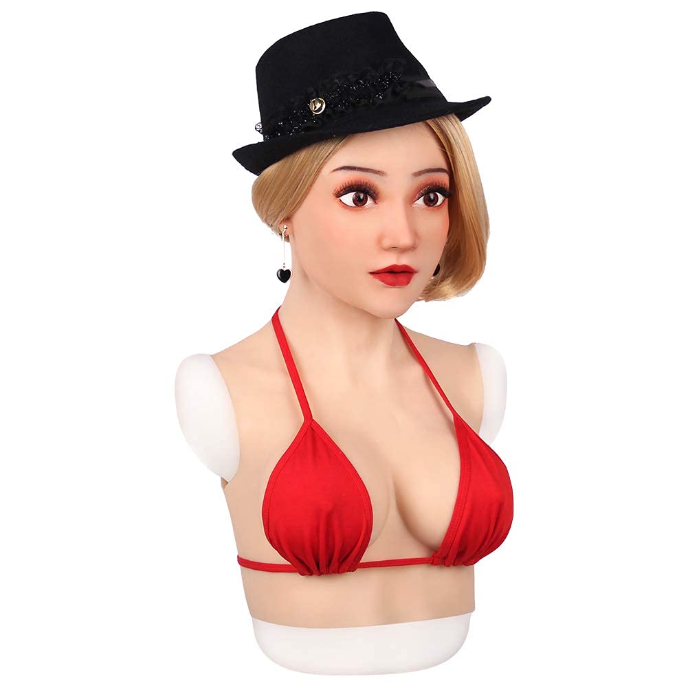 Realistic Silicone Mask with C Cup Breast - Light Beige Transgender Crossdressing Headwear for Cosplay & Halloween Costumes