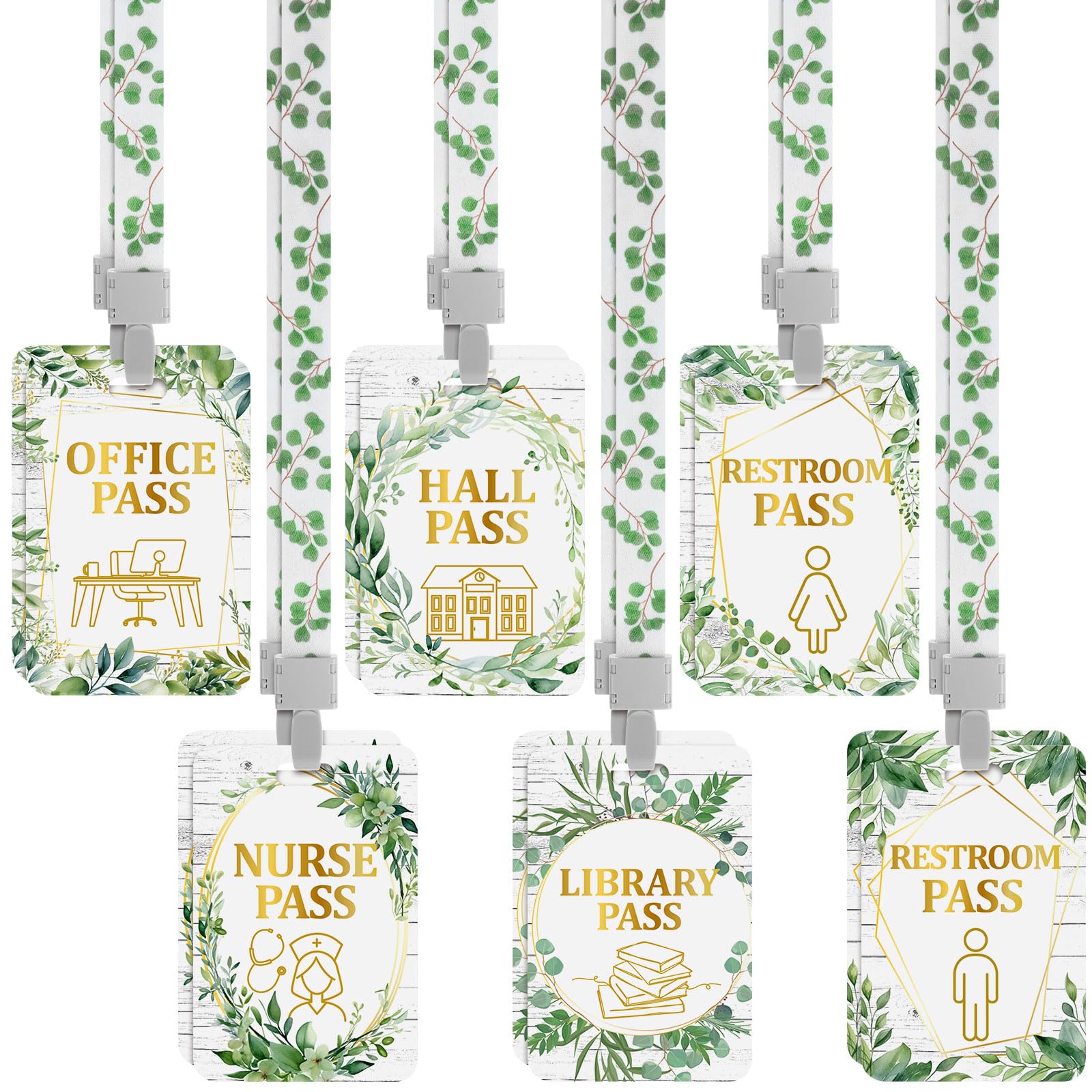 Pasimy 12 Pcs Vertical Card Lanyards for School & Office - Bathroom Passes, Library ID Badges - Eucalyptus Design