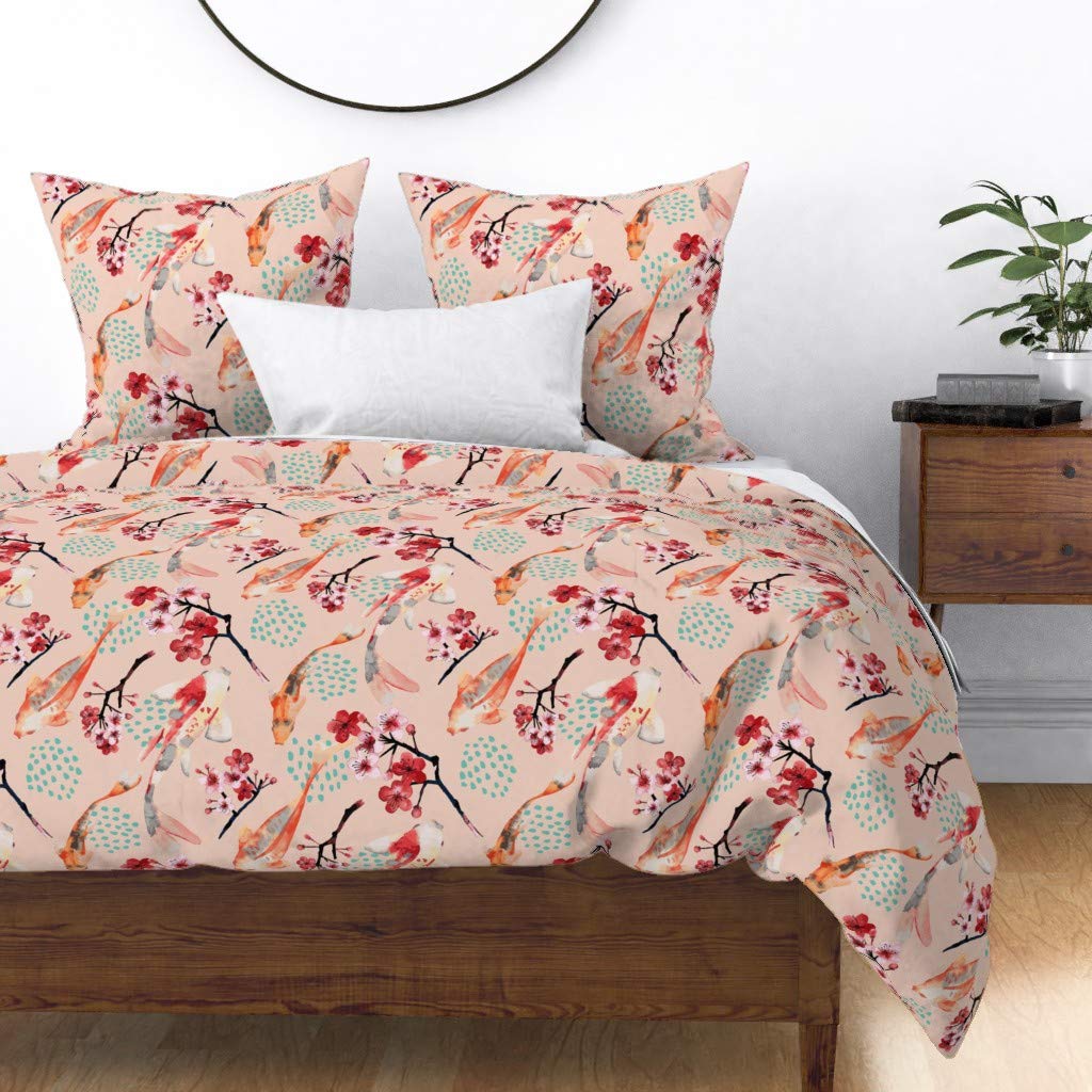 Japanese Garden Koi Fish Cherry Blossoms Cotton Sateen Duvet Cover - Twin Size Custom Bedding with Light Pink Print | Perfect for Boho & Asian-Inspired Bedroom Decor