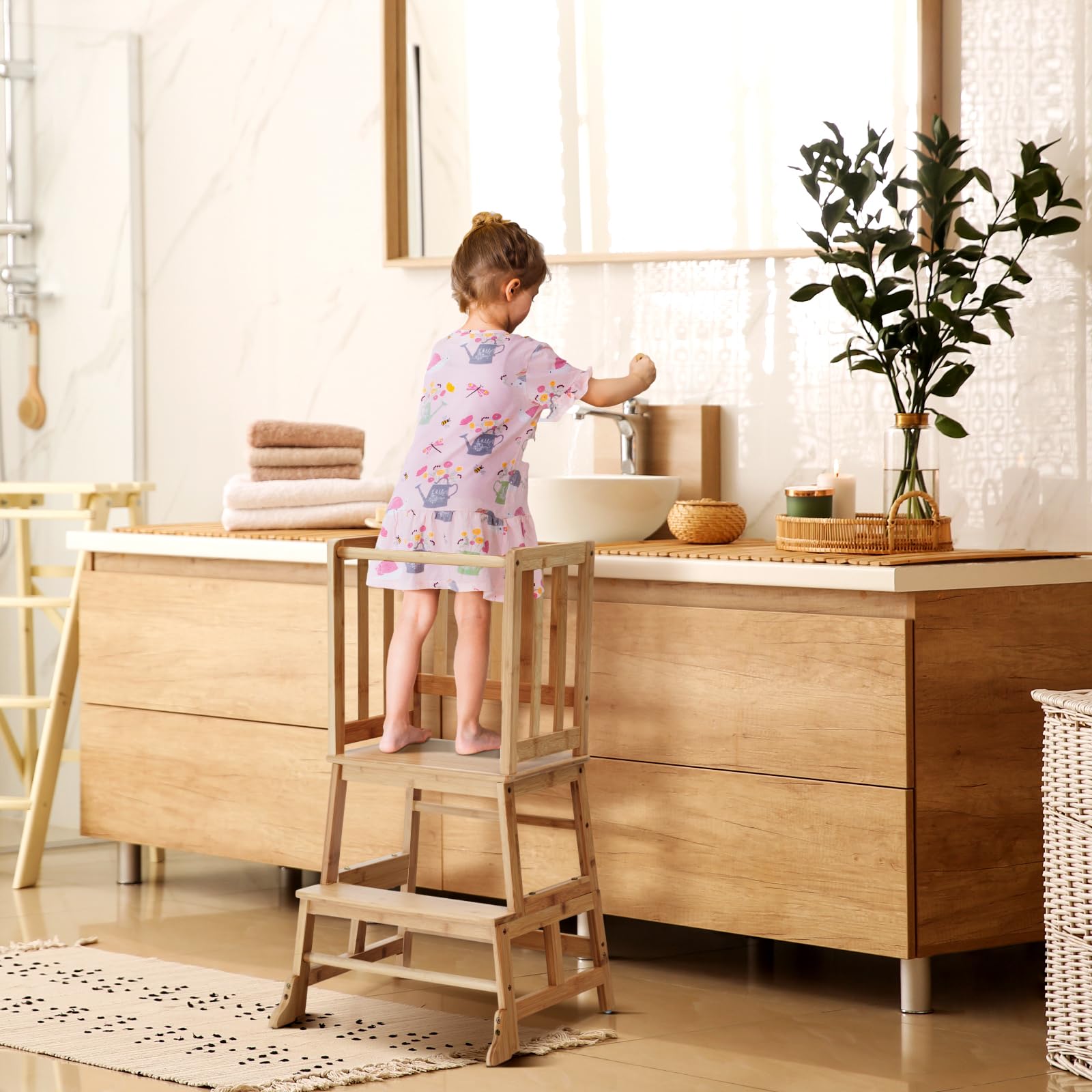 COSYLAND Natural Bamboo Toddler Step Stool - Anti-Slip Kids Kitchen Helper Tower for Learning & Cooking | Safe Standing Stool for Toddlers in Kitchen, Bathroom & Playroom