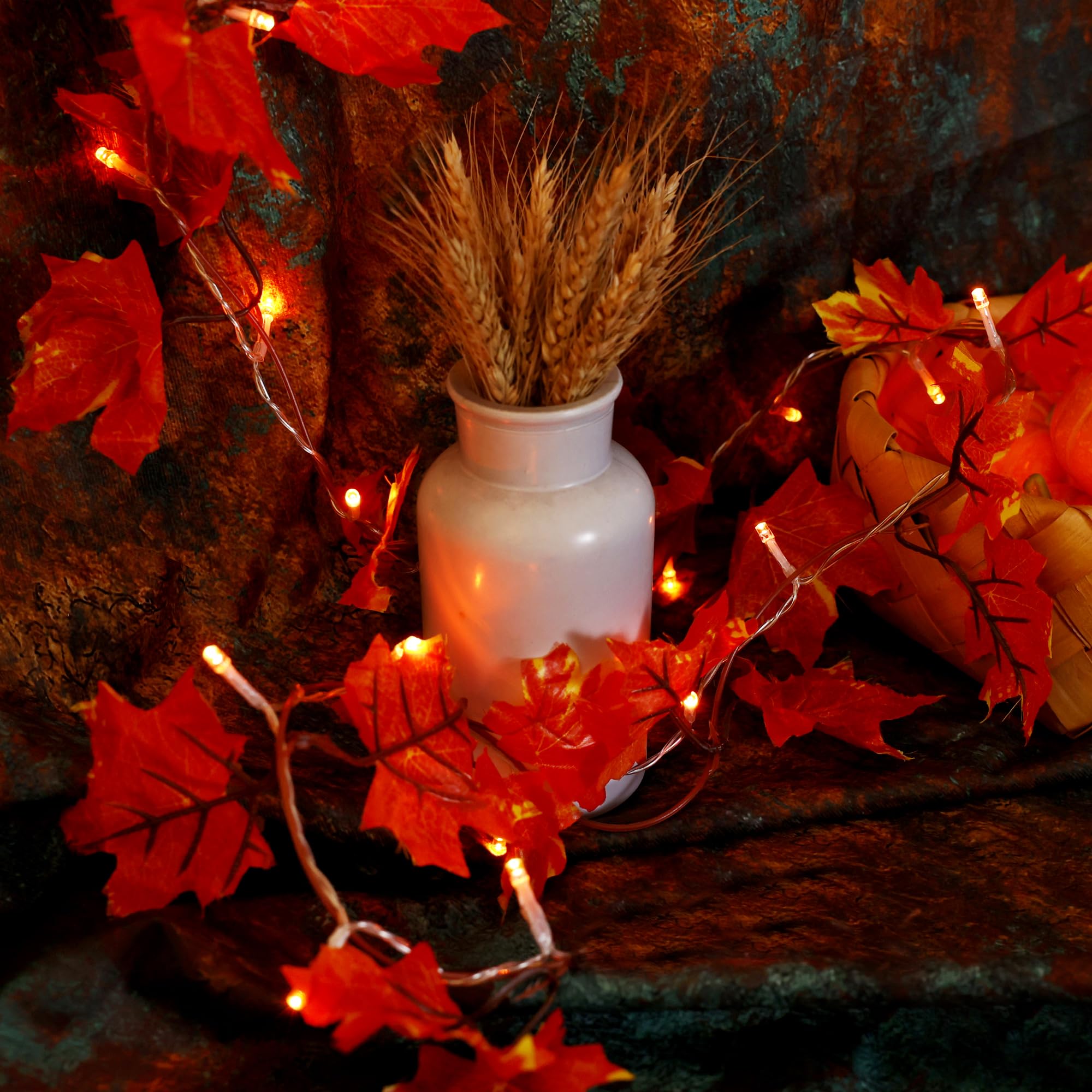 VCOKEN Battery Operated Fall Leaves Garland with 24 LED Lights - 7.2 Ft Waterproof Maple Leaf String Lights with Timer for Thanksgiving, Indoor & Outdoor Autumn Decor (Perfect for Porch, Mantel, Table Centerpieces & Seasonal Party Decorations)