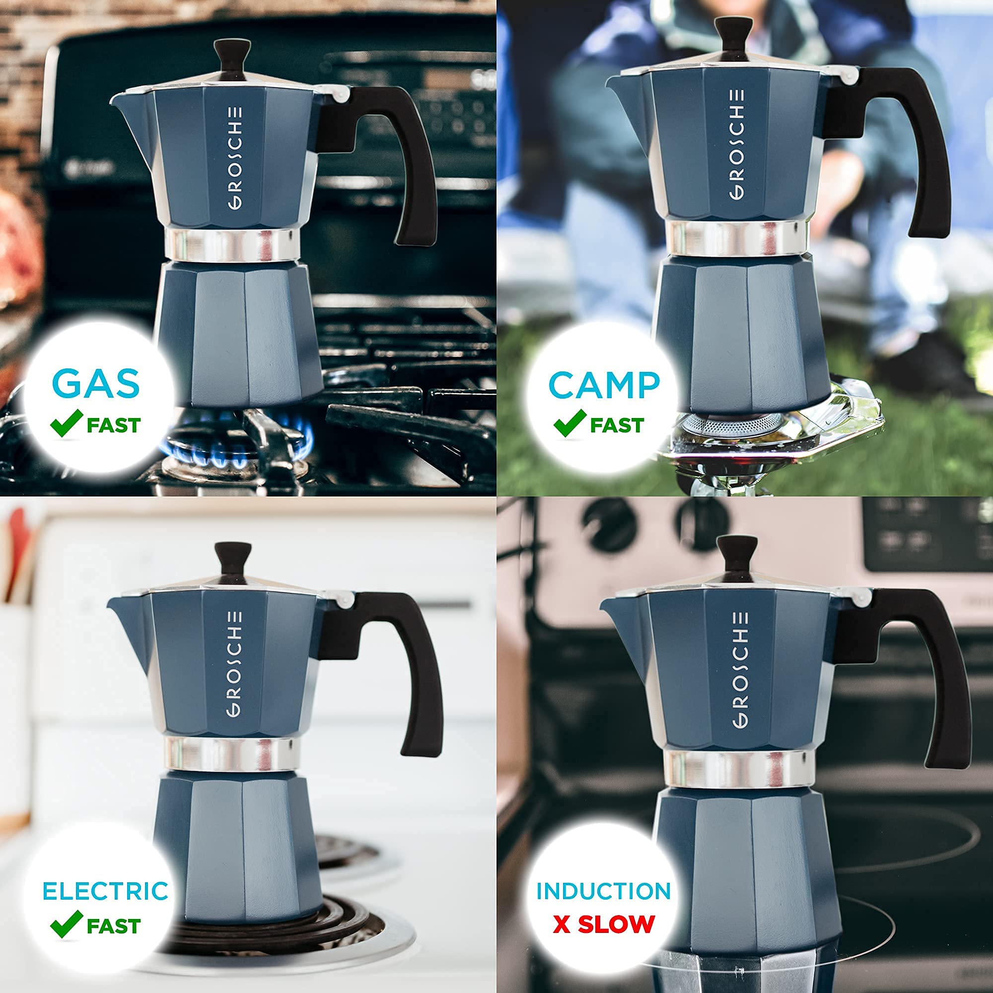 GROSCHE Milano Stovetop Espresso Maker (6 Cup, 9.3 oz) & Battery Operated Milk Frother Bundle - Perfect for Homemade Lattes, Cappuccinos and Coffee Drinks - Blue Italian Moka Pot Set for Coffee Lovers