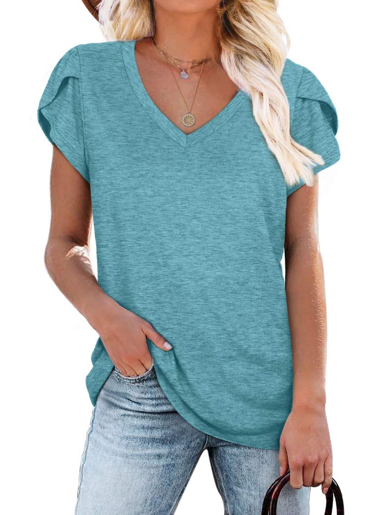 WIHOLL Women's V-Neck Short Sleeve T-Shirt - Floral Petal Sleeve Blouse for Summer, Casual Outfits & Everyday Wear | Perfect for Work, Dates & Weekend Outings