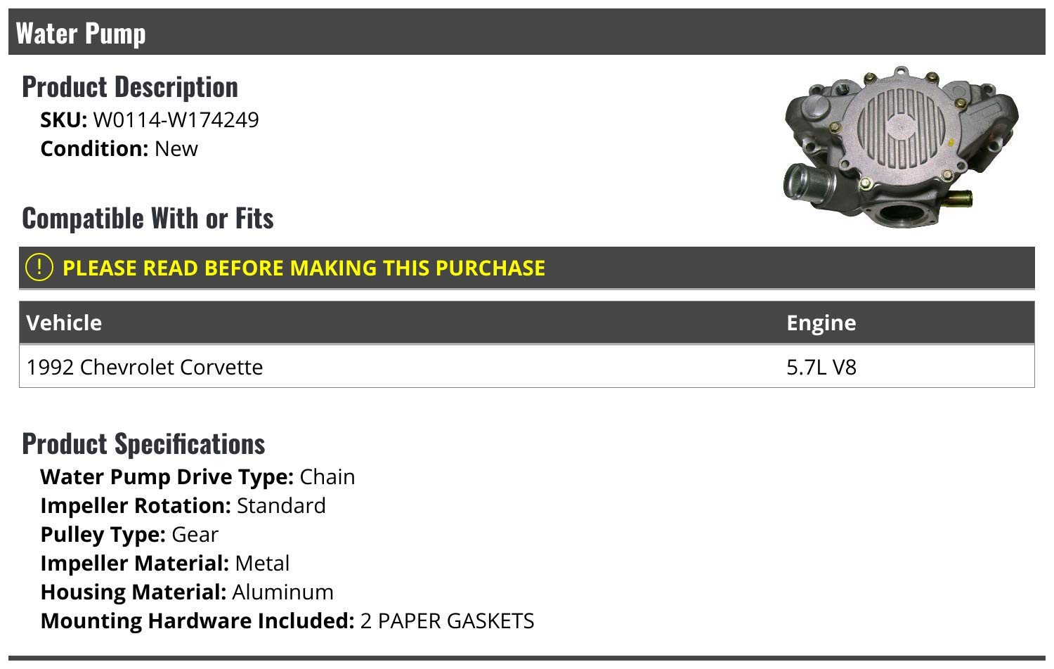 1992 Chevy Corvette 5.7L V8 Water Pump Replacement - High Performance Cooling System Part for Classic Car Restoration & Engine Maintenance