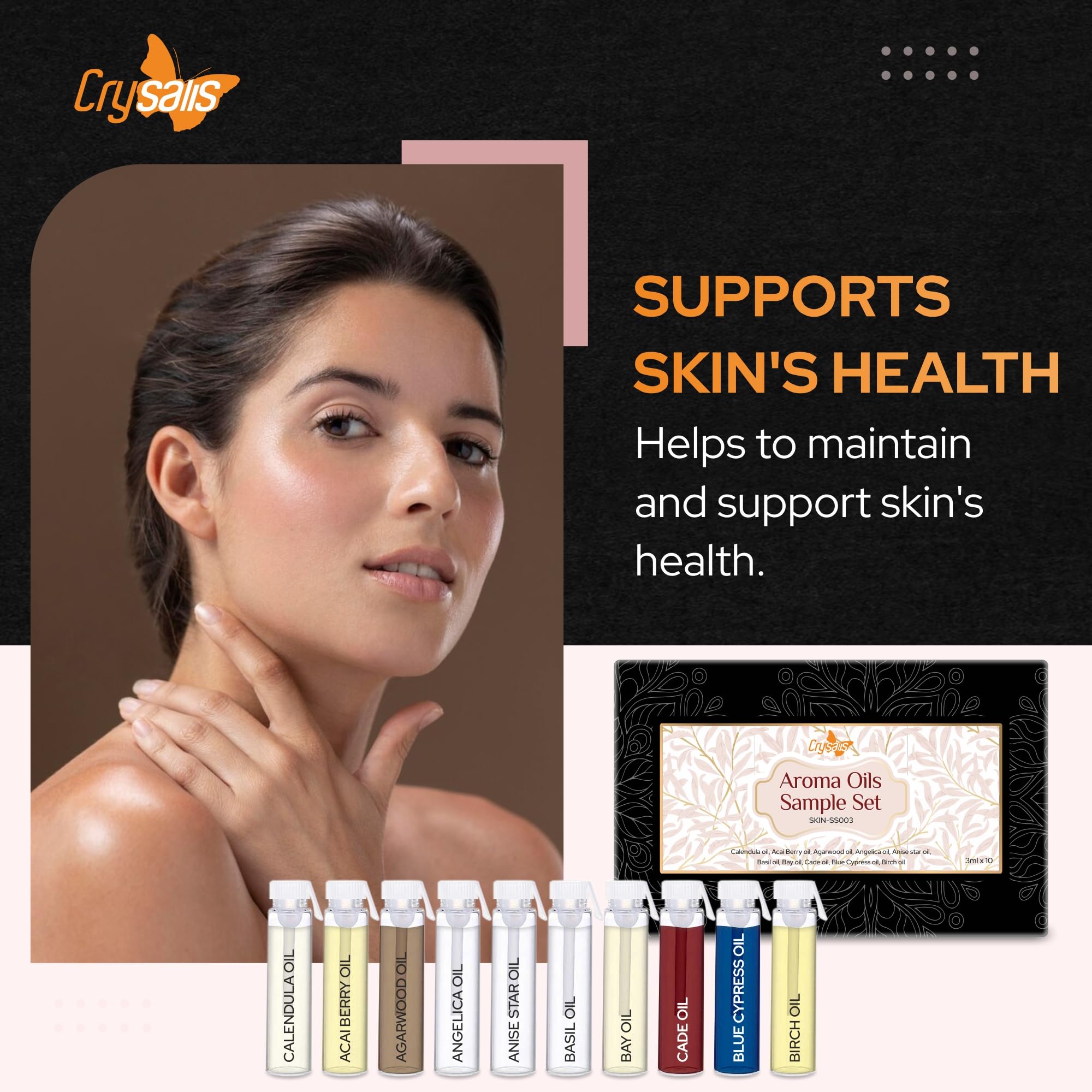 Premium Crysalis Skin Care Essential Oils Set - 10x3ml Bottles (Calendula, Acai Berry, Agarwood, Angelica & More) for Aromatherapy, Massage & DIY Beauty Products