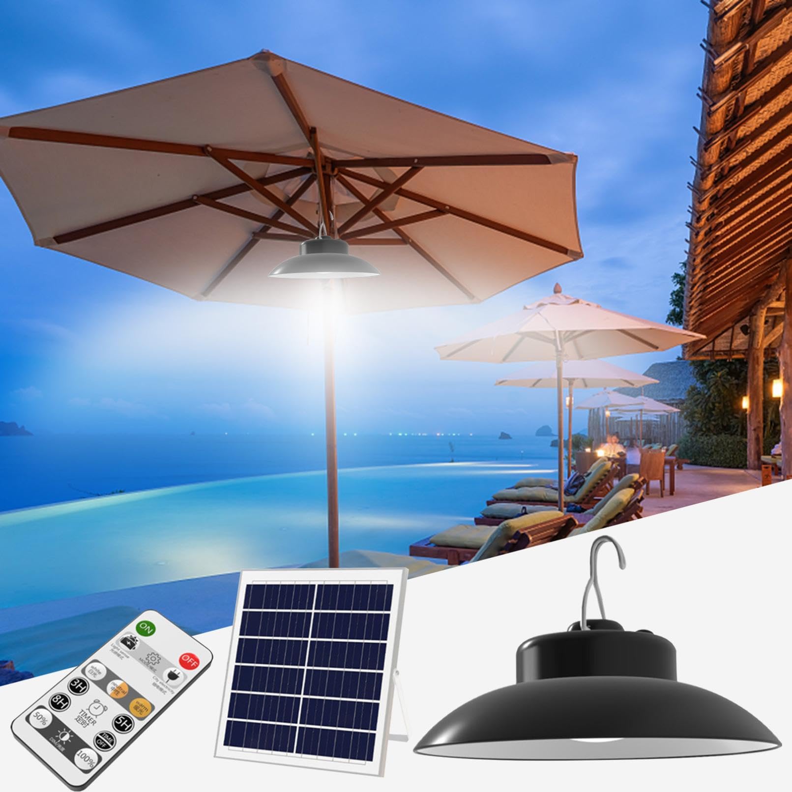 Solar Powered LED Umbrella Lights with Remote Control - Waterproof IP65, Timer Function, 3 Lighting Modes & Brightness Adjustment for Patio, Garden, Poolside & Outdoor Decor