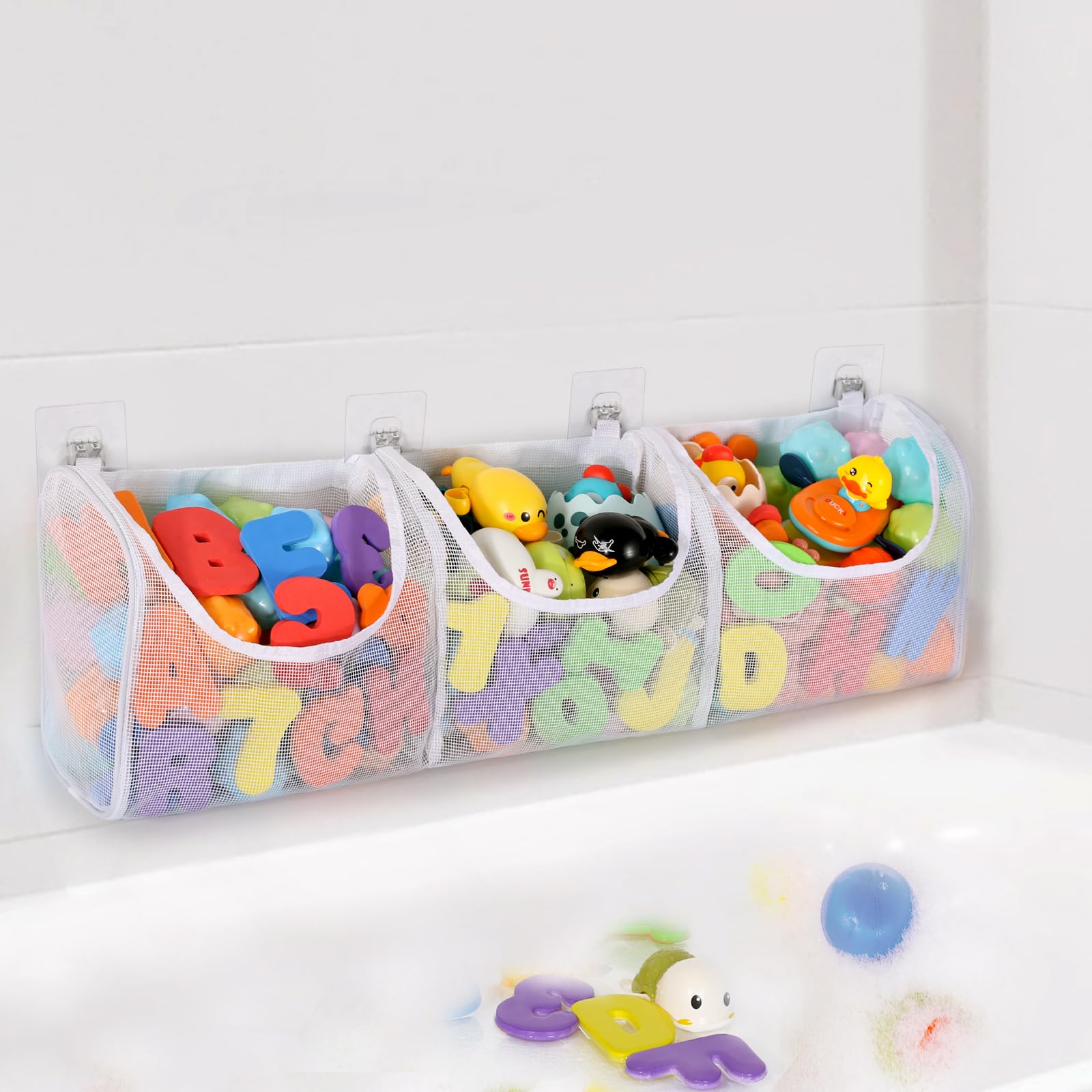 Large Capacity 3-Compartment Bath Toy Organizer - Mesh Shower Caddy for Kids & Baby Bath Toys | Perfect for Bathtub Storage, Bathroom Organization & Playtime Cleanup