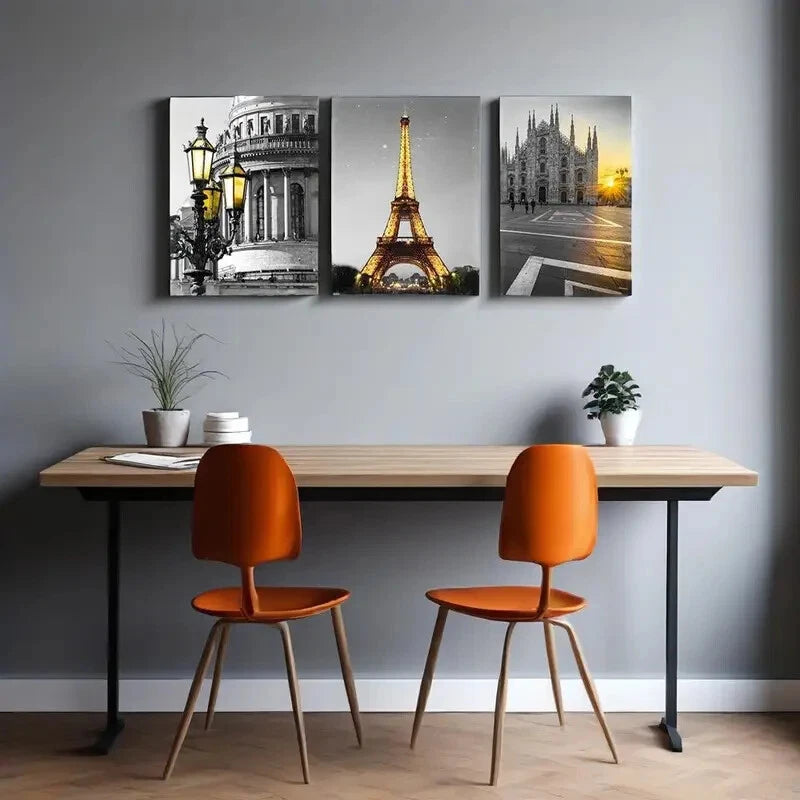 3-Piece Black and White Architectural Landscape Metal Wall Art - Ready to Hang Modern Home Decor for Living Room, Bedroom & Office