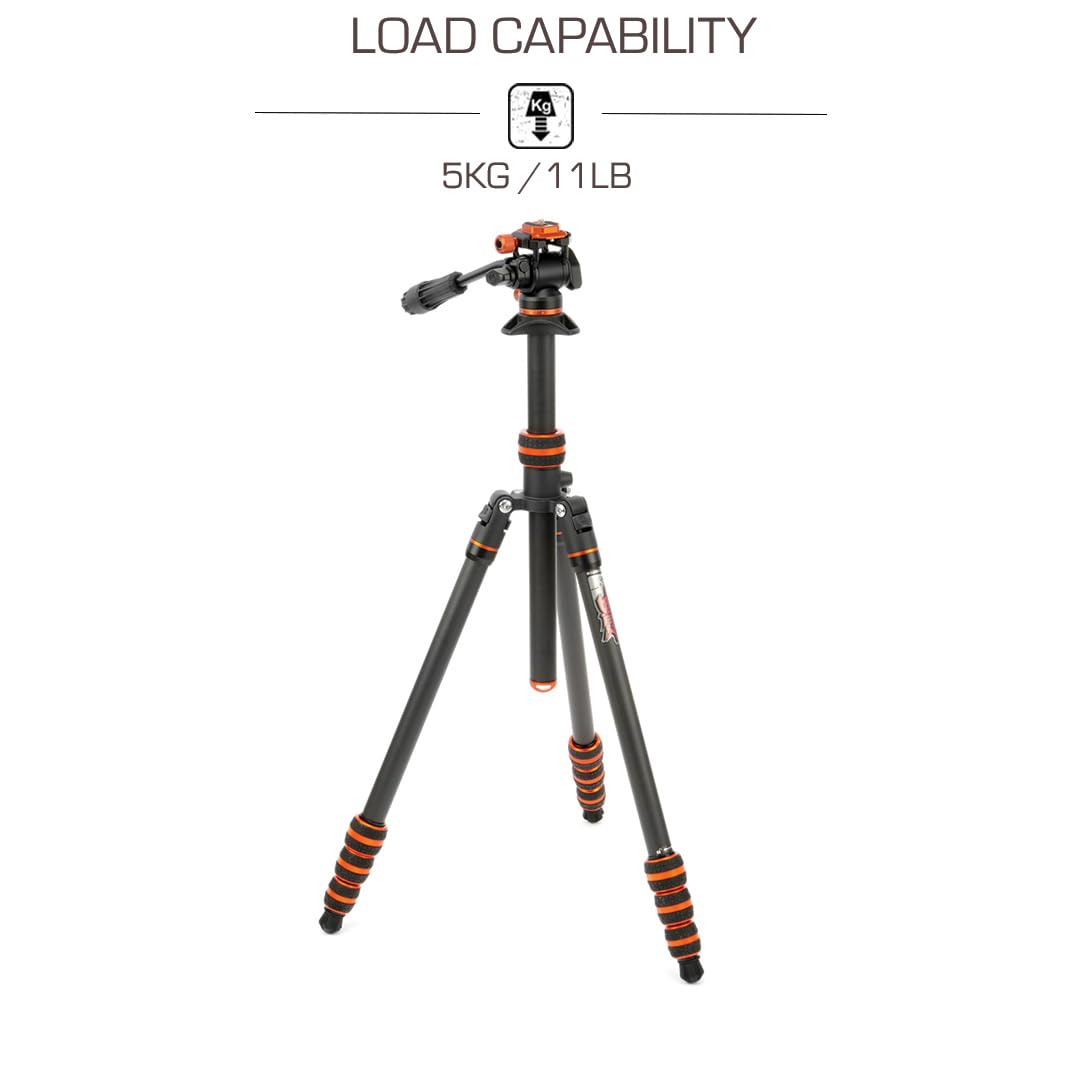 3 Legged Thing Billy Carbon Fiber Video Tripod Kit - Lightweight Travel Tripod for DSLR & Mirrorless Cameras (Lava Black/Orange) | Perfect for Vlogging, Photography & Outdoor Adventures