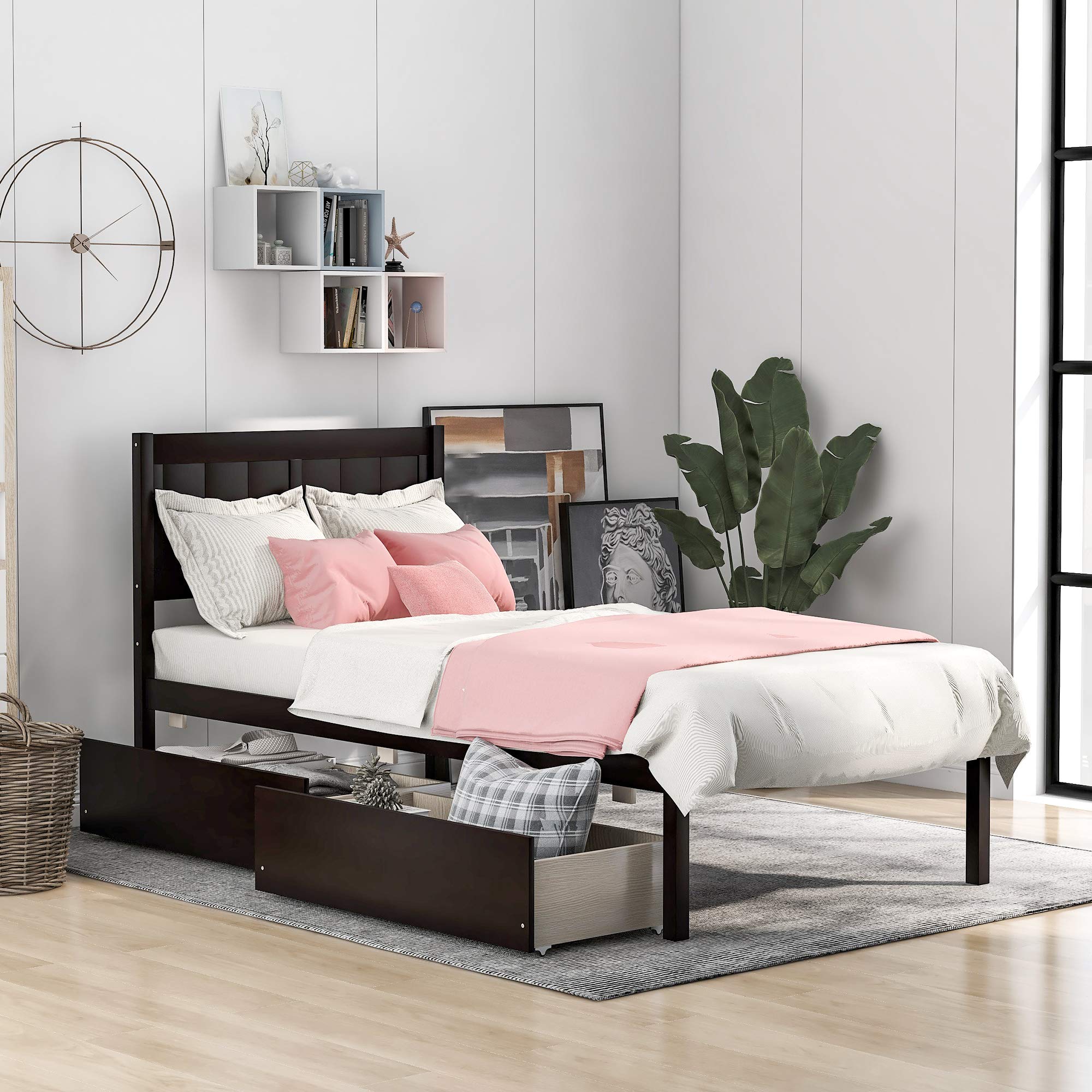 Solid Wood Twin Size Platform Bed Frame with 2 Storage Drawers - No Box Spring Needed, Easy Assembly, Space-Saving Bedroom Furniture (Espresso #3) - Perfect for Small Spaces, Guest Rooms & Kids' Bedrooms