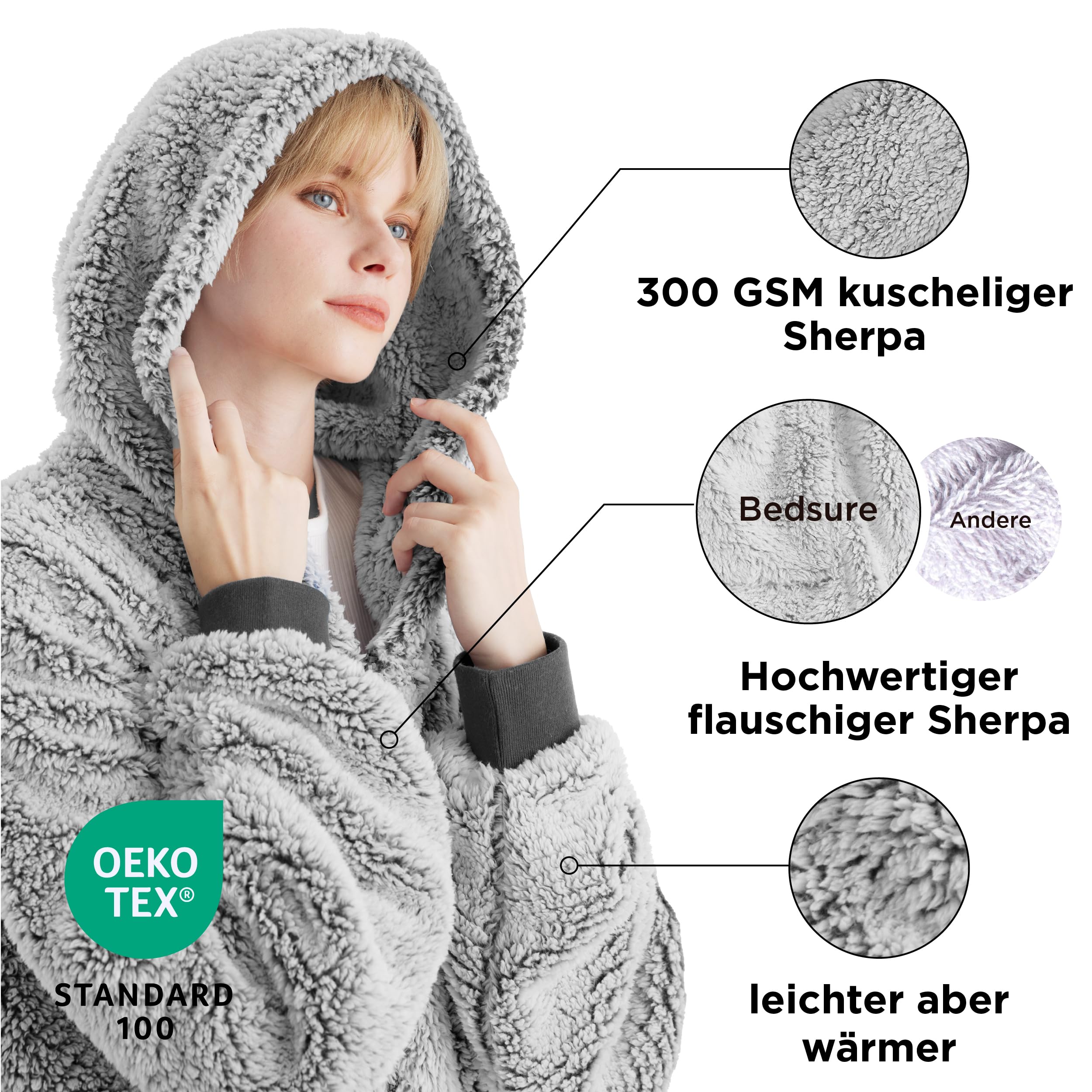 BEDSURE Wearable Blanket with Sleeves and Hood - Ultra Soft Sherpa Hoodie Blanket for Adults, Cozy Fleece Snuggie for TV Watching, Gaming, Reading & Lounging at Home
