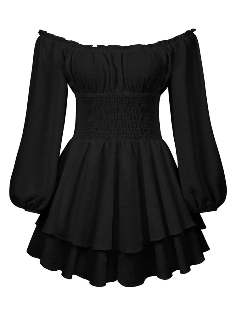 KEOMUD Women's Off Shoulder Ruffle Romper - Long Sleeve Smocked Waist Jumpsuit with Layered Boho Design | Perfect for Summer Outfits, Beach Vacations & Boho Chic Fashion