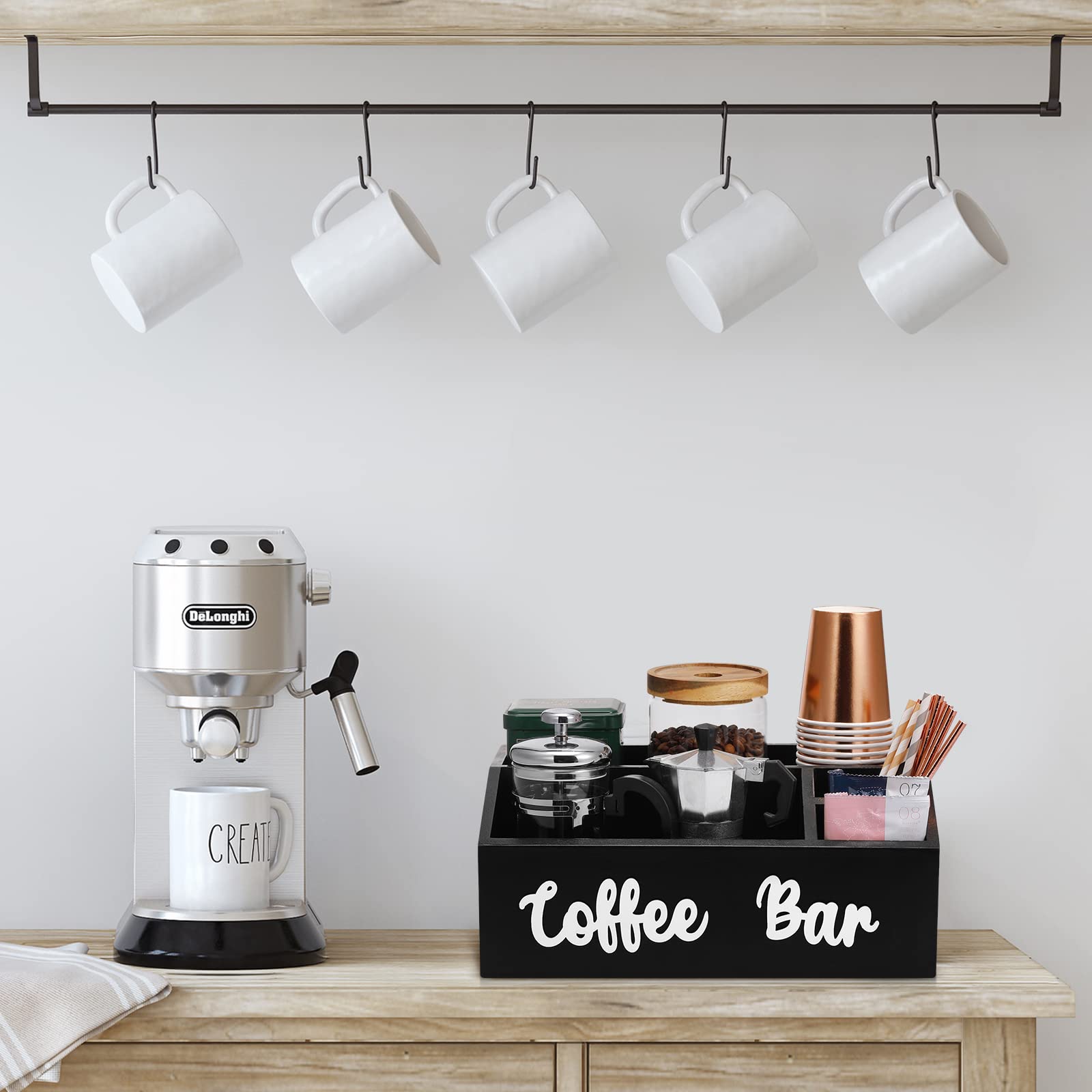 Premium Wooden Coffee Pod Holder & Storage Box - Farmhouse Kitchen Decor with Coffee Bar Lettering - Perfect for Keurig K-Cups, Nespresso Capsules & Coffee Station Organization - Ideal Gift for Coffee Lovers (Black)