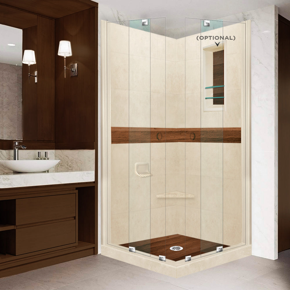DIY Shower Remodel Kit - Corner Desert Sand Sistine Stone & Burnt Oak Wood Accent Panel for Bathroom Renovation | Waterproof & Easy Installation | Perfect for Modern Home Spa Upgrades