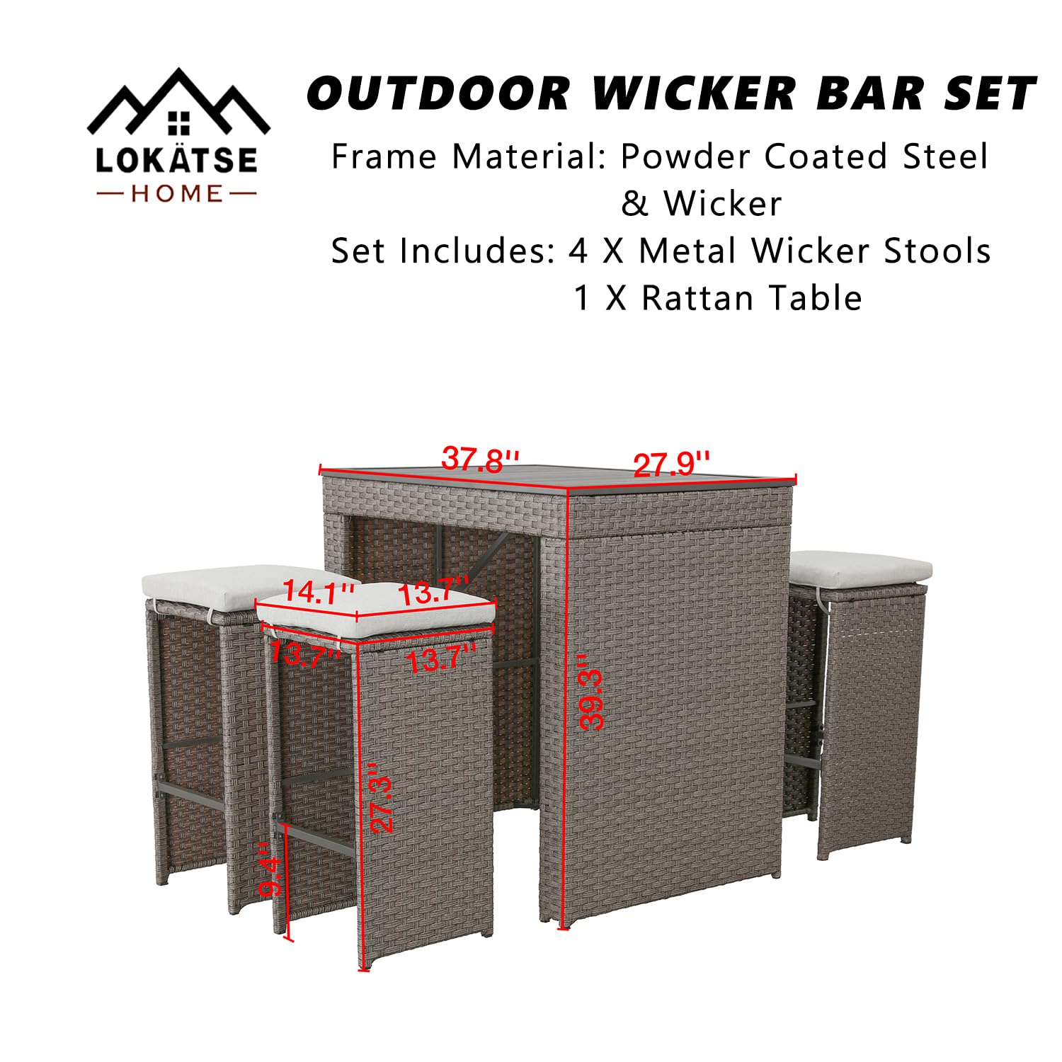 LOKATSE HOME 5-Piece Outdoor Bar Set with Patio Stools & Rattan Table - Pub Height Wicker Furniture with Removable Cushions - Perfect for Backyards, Porches, Gardens, Poolside & Outdoor Entertaining - Brown
