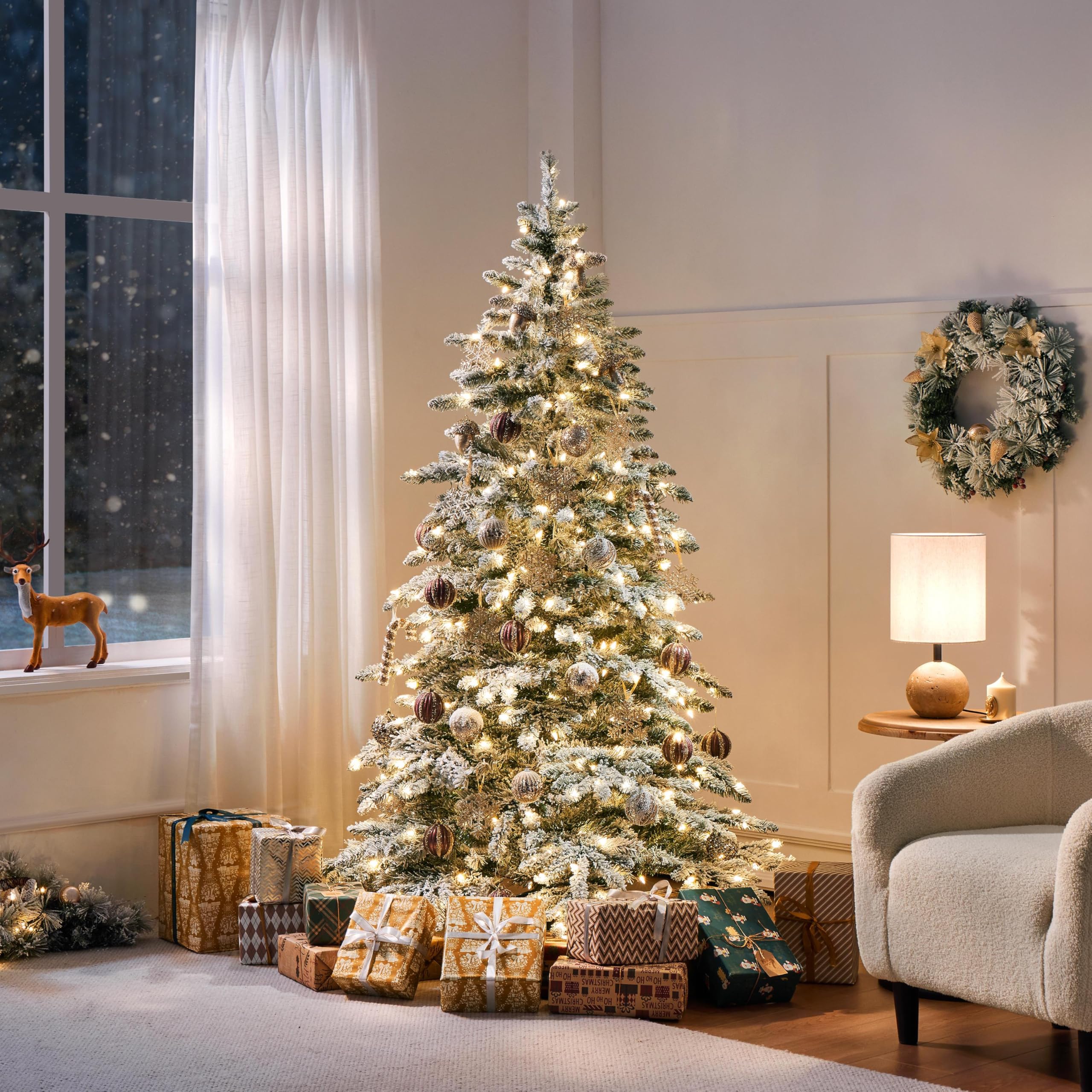 Yaheetech 6ft Pre-Lit Artificial Christmas Tree with 400 Warm White LED Lights & 940 PVC Tips, Hinged Snow Flocked Xmas Tree with Foldable Stand & Protective Foot Caps - Perfect for Home, Office, and Holiday Decorations