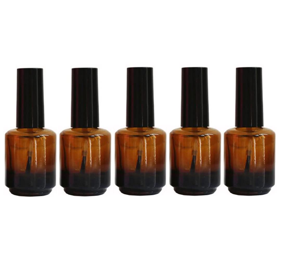 5PCS 15ml Empty Amber Glass Nail Polish Bottles with Black Brush Cap - Refillable Nail Varnish Sample Containers for DIY Nail Art, Salon Use & Travel-Friendly Storage