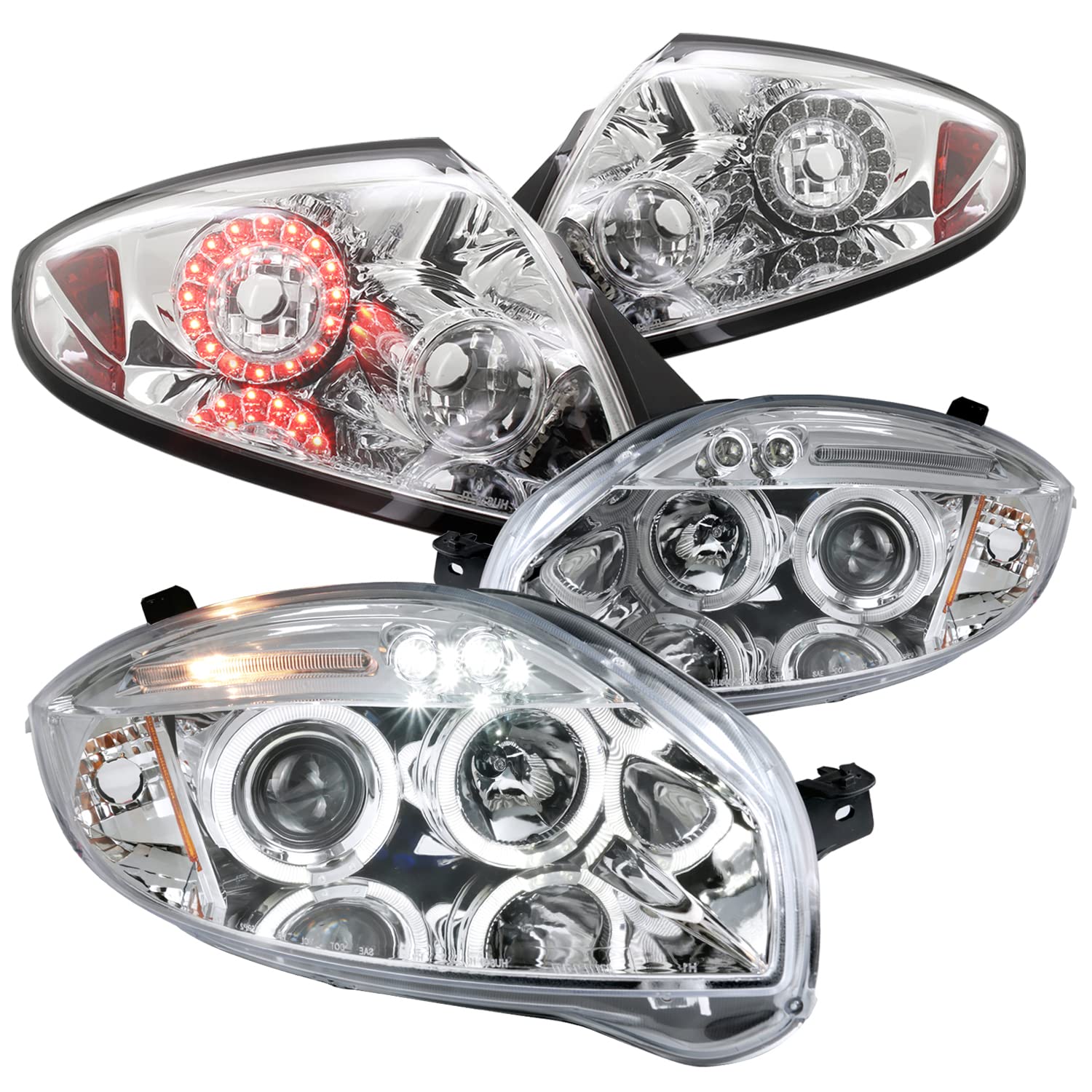 Spec-D Tuning Chrome Halo LED Projector Headlights & Clear Tail Brake Lights - Compatible with 2006-2011 Mitsubishi Eclipse (Left & Right Pair Headlamp Assembly) - Perfect for Night Driving & Car Customization