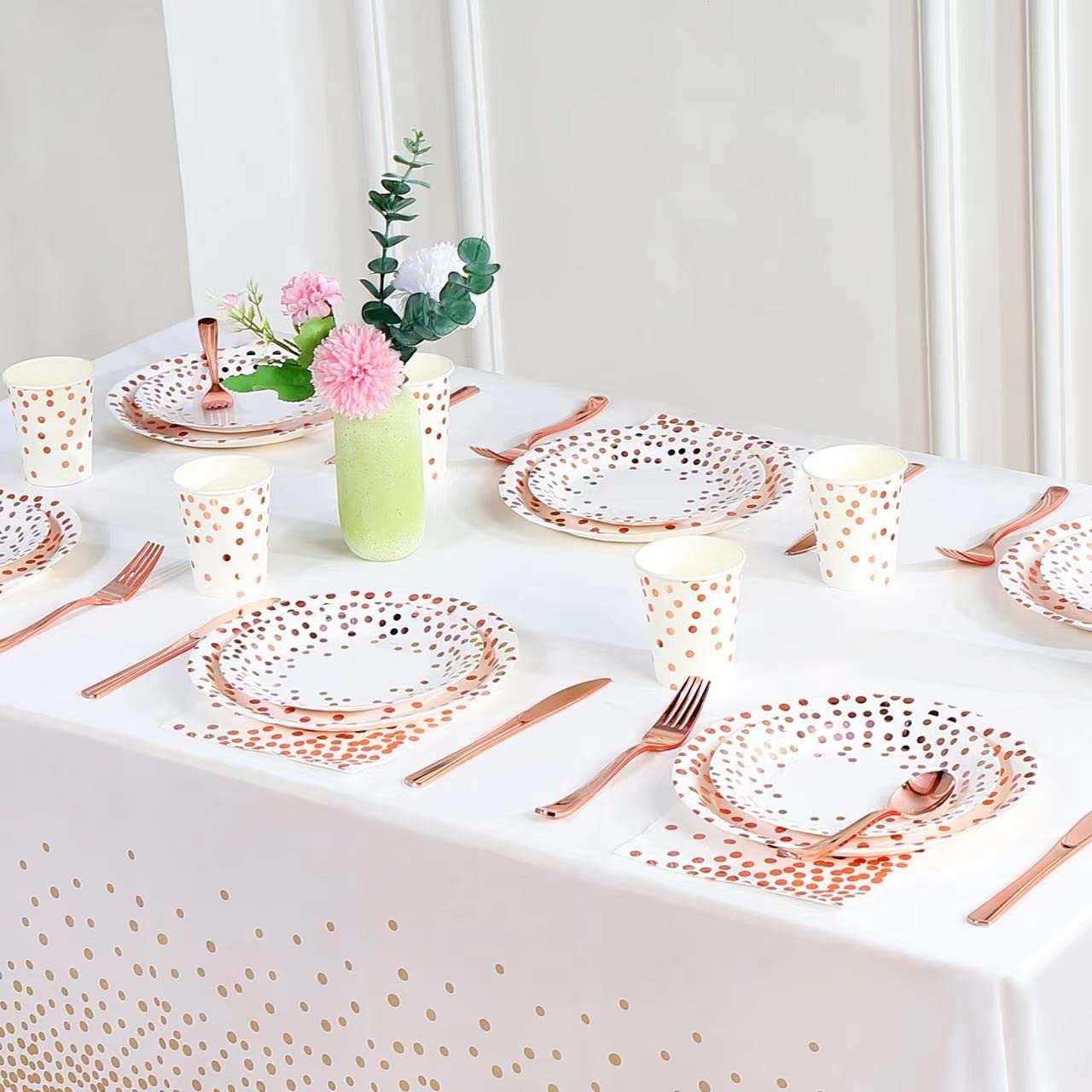 175-Piece Rose Gold Party Supplies Set - Disposable Dinnerware with White & Rose Gold Dots - Plates, Napkins, Cups, Forks, Spoons & Knives for 25 Guests - Perfect for Weddings, Birthdays & Bridal Showers - Elegant Tableware for Special Occasions