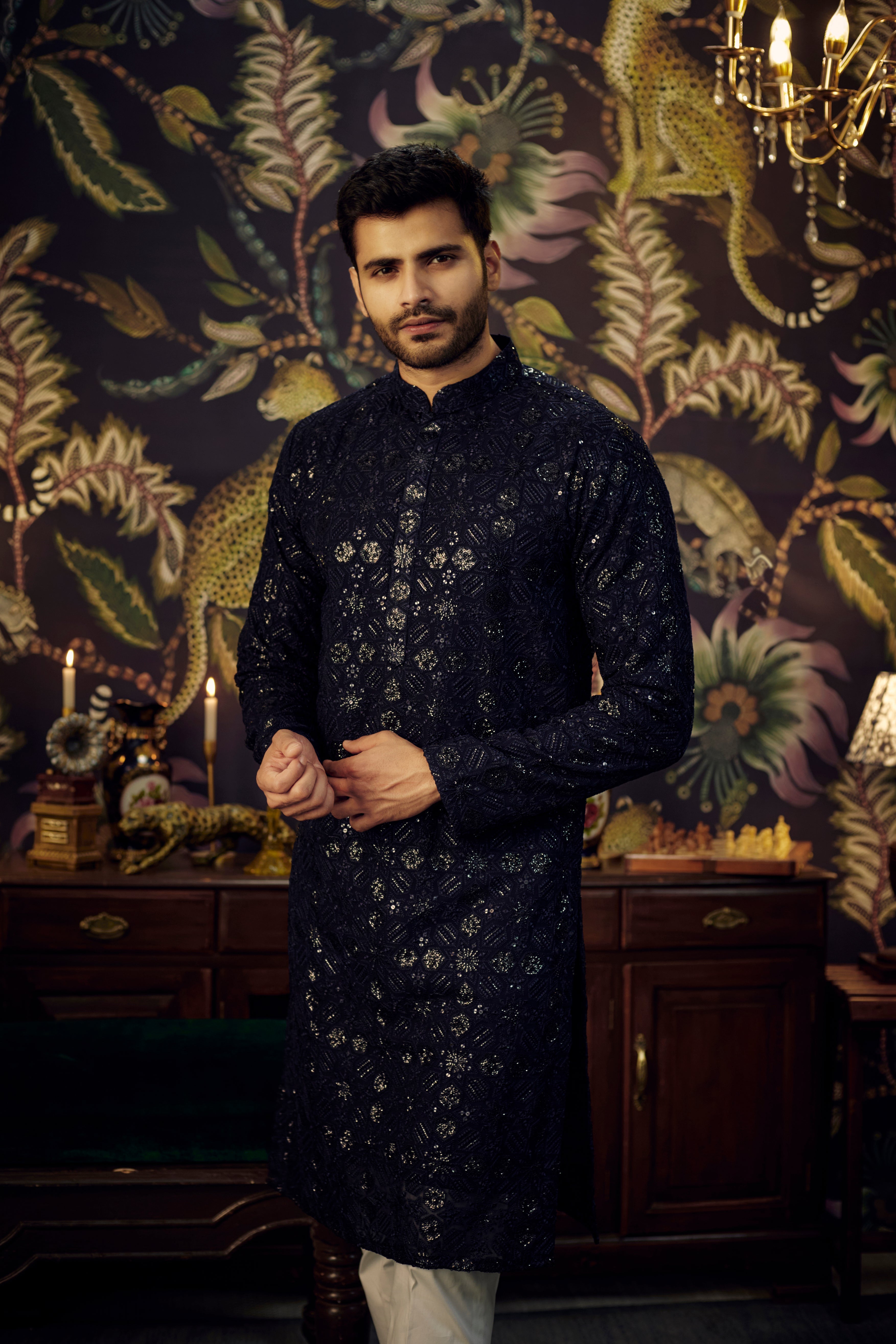 Midnight Blue Embroidered Kurta with Heavy Sequins - Geometric Design Elegance for Women's Ethnic Wear | Perfect for Weddings, Parties & Festive Occasions
