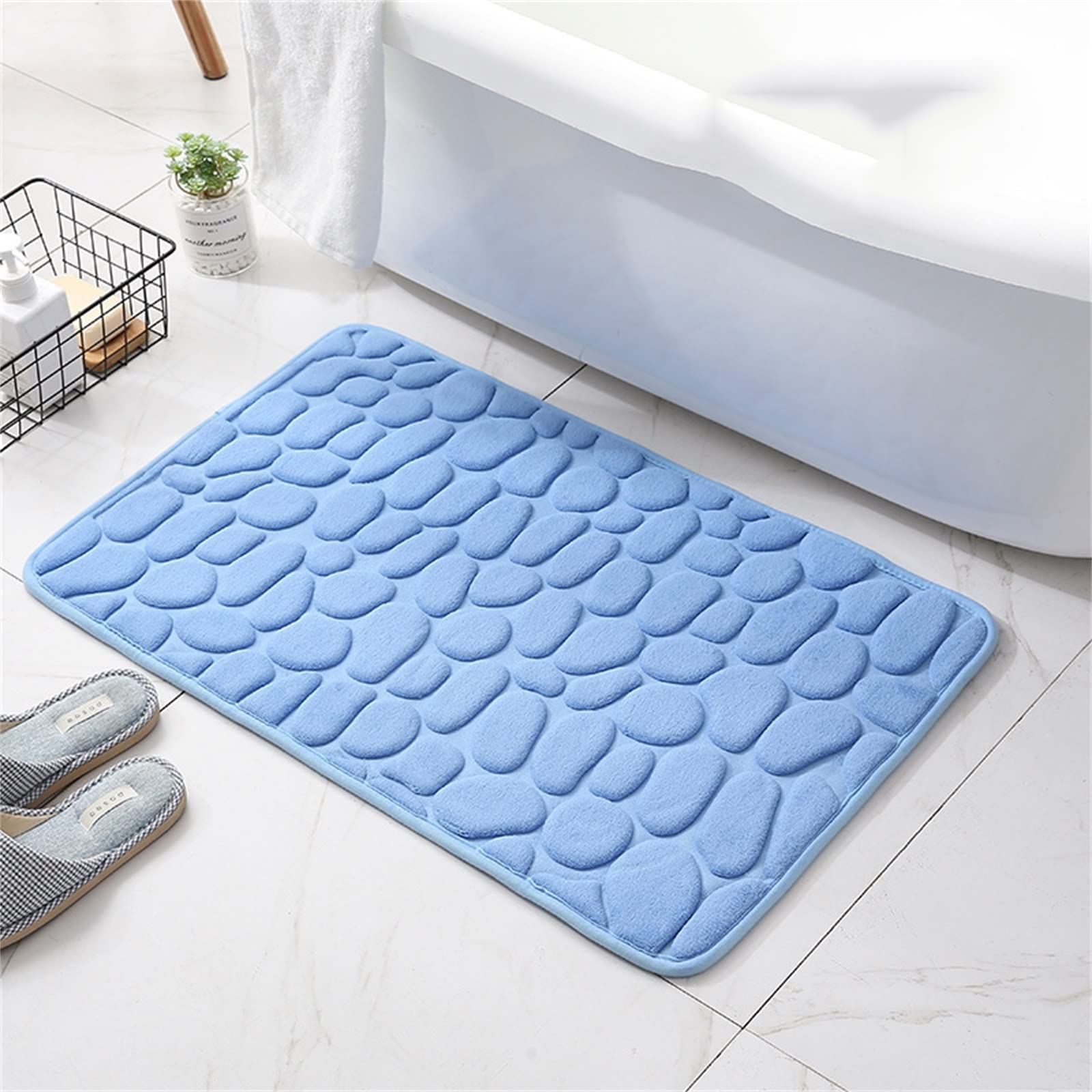 Cobblestone Embossed Coral Fleece Bath Rug - Soft Memory Foam Non-Slip Bath Mat for Bathroom & Kitchen (Blue, 15×24 Inches/40×60cm) - Perfect for Spa-Like Comfort & Safety