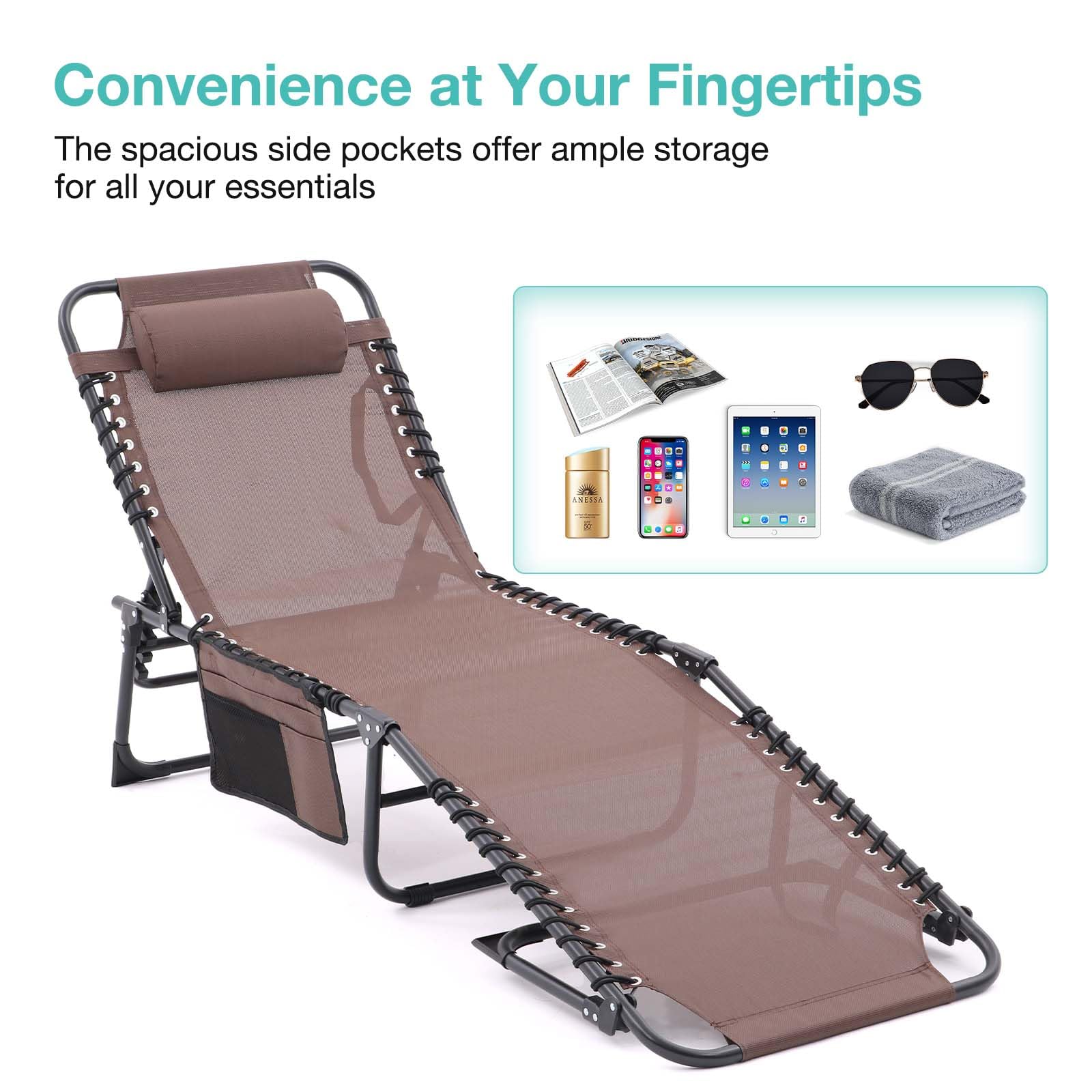 2 Pack Adjustable Outdoor Lounge Chairs - Foldable Tanning Chairs with 4-Level Recline, Headrest & Side Pocket - Perfect for Poolside, Beach, Patio & Backyard Relaxation