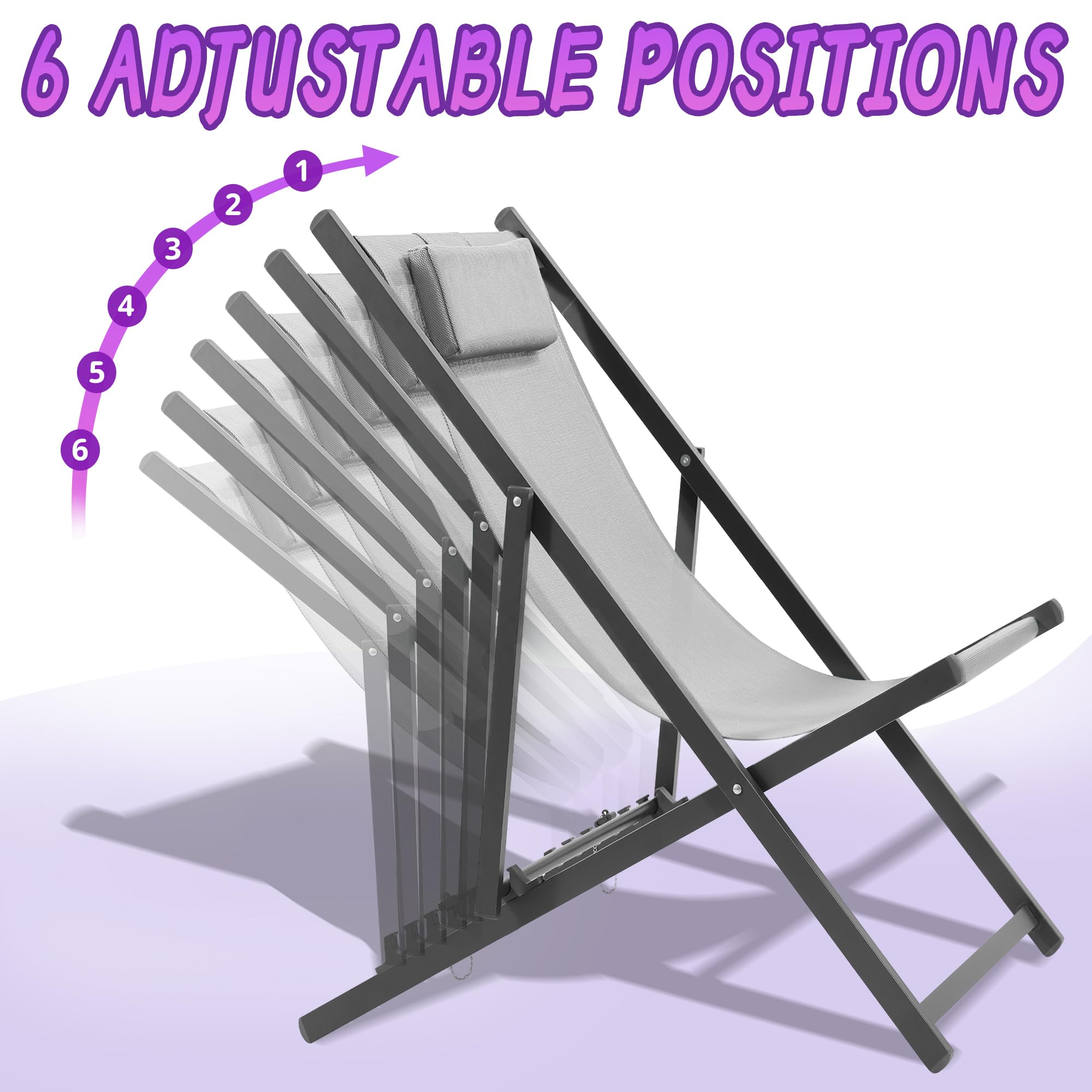 Set of 2 Outdoor Patio Sling Chairs with Matching Ottomans - Lightweight Foldable Aluminum Frame - Perfect for Deck, Poolside or Beach Relaxation - Grey - Great for Backyard Lounging, Vacation Homes & Summer Outdoor Gatherings