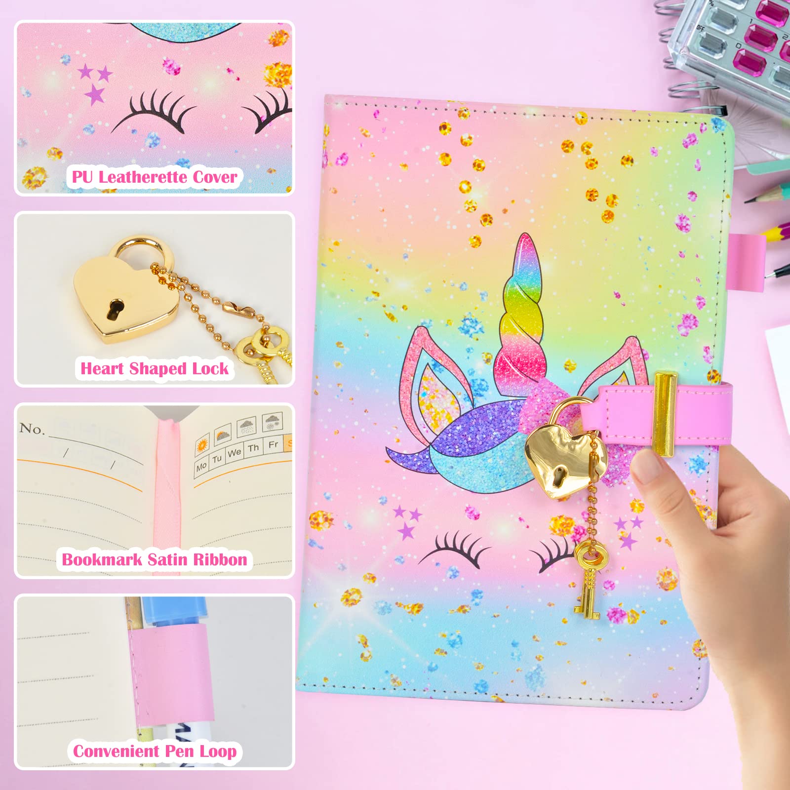 Girls Unicorn Diary with Lock & Key Set - Journal Notebook, Drawstring Bag, Stickers & Necklace - Perfect for Birthday Gifts, Secret Keeping & Creative Writing | Cute Unicorn Theme for Kids & Teens