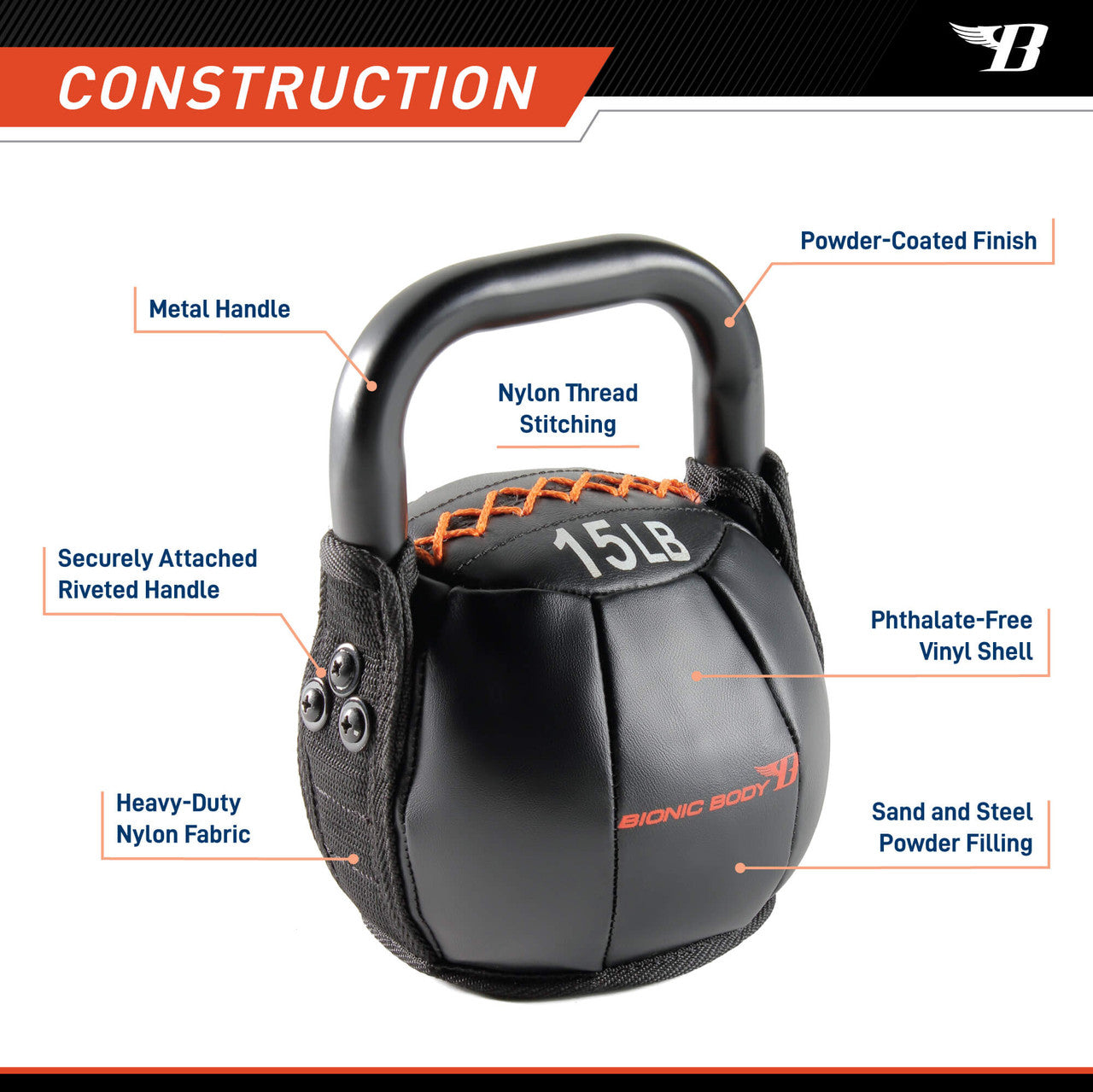 BBKB 15 Bionic Body Soft Kettlebell - 15lb Weight for Home Workouts, Strength Training & Fitness | Ideal for Indoor Exercise, CrossFit & Functional Training