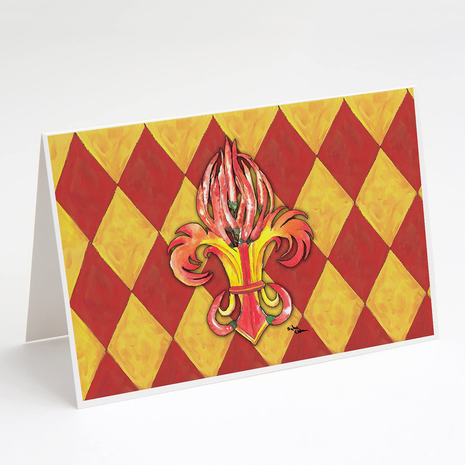Peppers Fleur de Lis Blank Greeting Cards - Pack of 8 A7 Size (5x7) Note Cards with Envelopes | Whimsical Floral Design for Thank You Notes, Birthday Wishes & Special Occasions | Caroline's Treasures 8499GCA7P