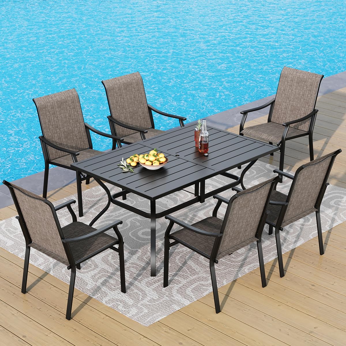 PHI VILLA 6-Piece Outdoor Dining Set - Textilene Fabric Chairs & Metal Table with Umbrella Hole - Weather-Resistant Patio Furniture for Backyard, Garden, Poolside & Outdoor Entertaining