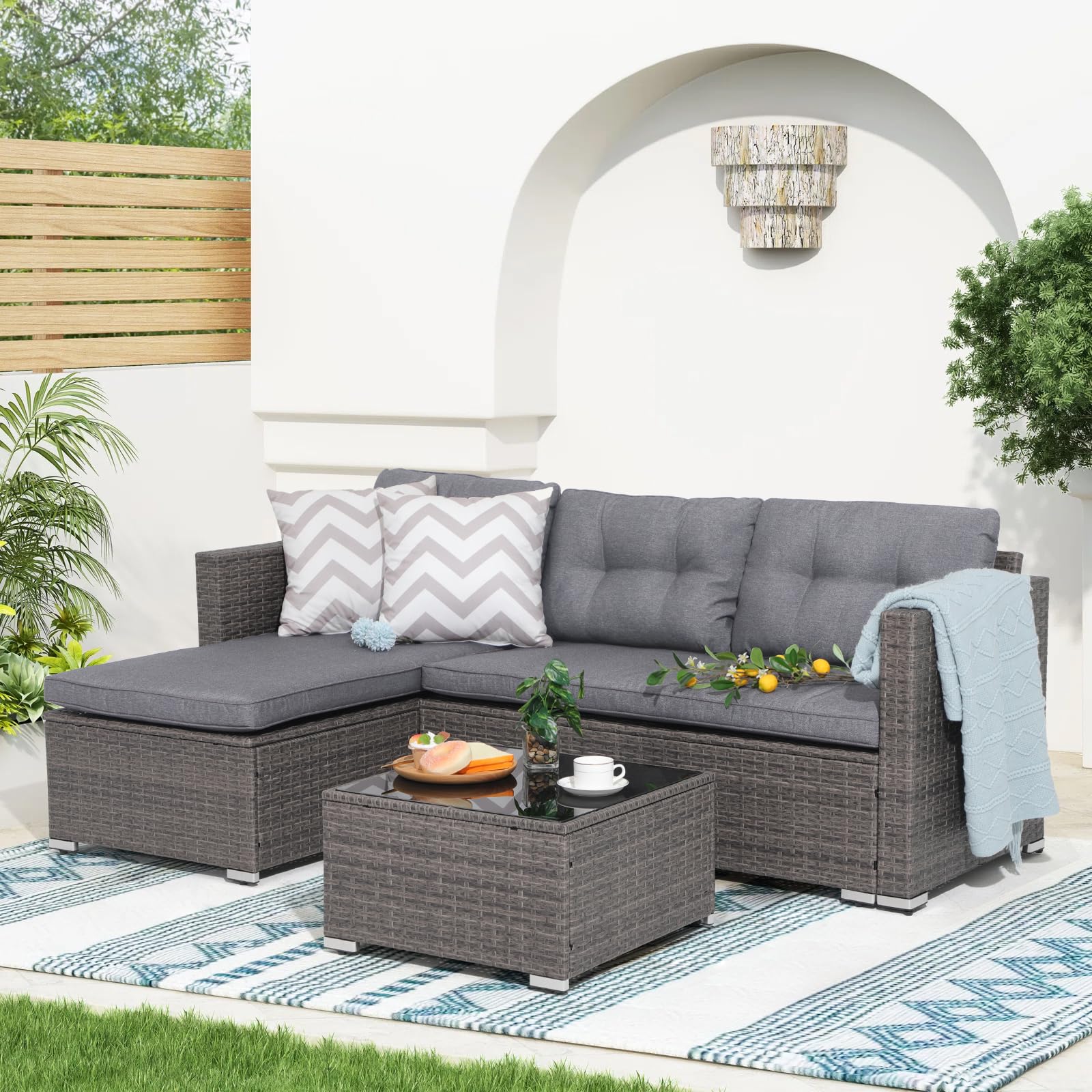 OC Orange-Casual 3-Piece All-Weather Outdoor Patio Furniture Set - Wicker Sectional Sofa with Glass Coffee Table & Grey Cushions - Gradient Grey Rattan Loveseat for Deck, Balcony, Porch, Backyard & Garden Relaxation