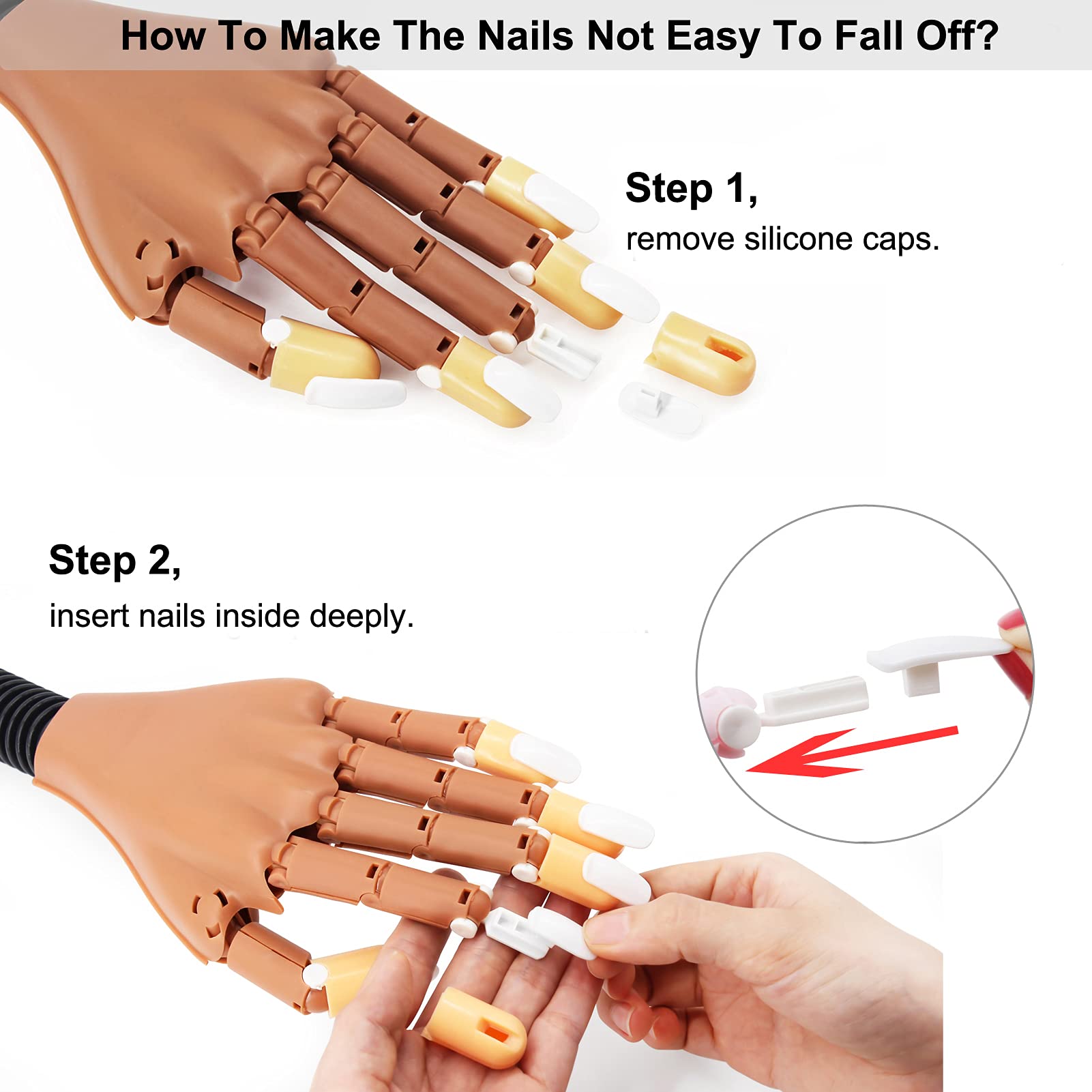 Professional Acrylic Nail Practice Hand with 400pcs Nail Tips - Non-Slip Flexible Fake Hands for Nail Art Training - Perfect for Beginners & Salon Practice (Brown) - Ideal for Home Practice, Nail School & Professional Skill Development