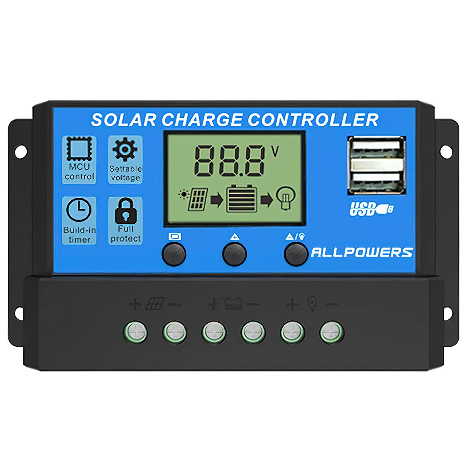 ALLPOWERS 20A MPPT Solar Charge Controller with LCD Display - 12V/24V Auto Recognition, USB Port for Phone Charging - Perfect for RV, Boat, Off-Grid Solar Power Systems