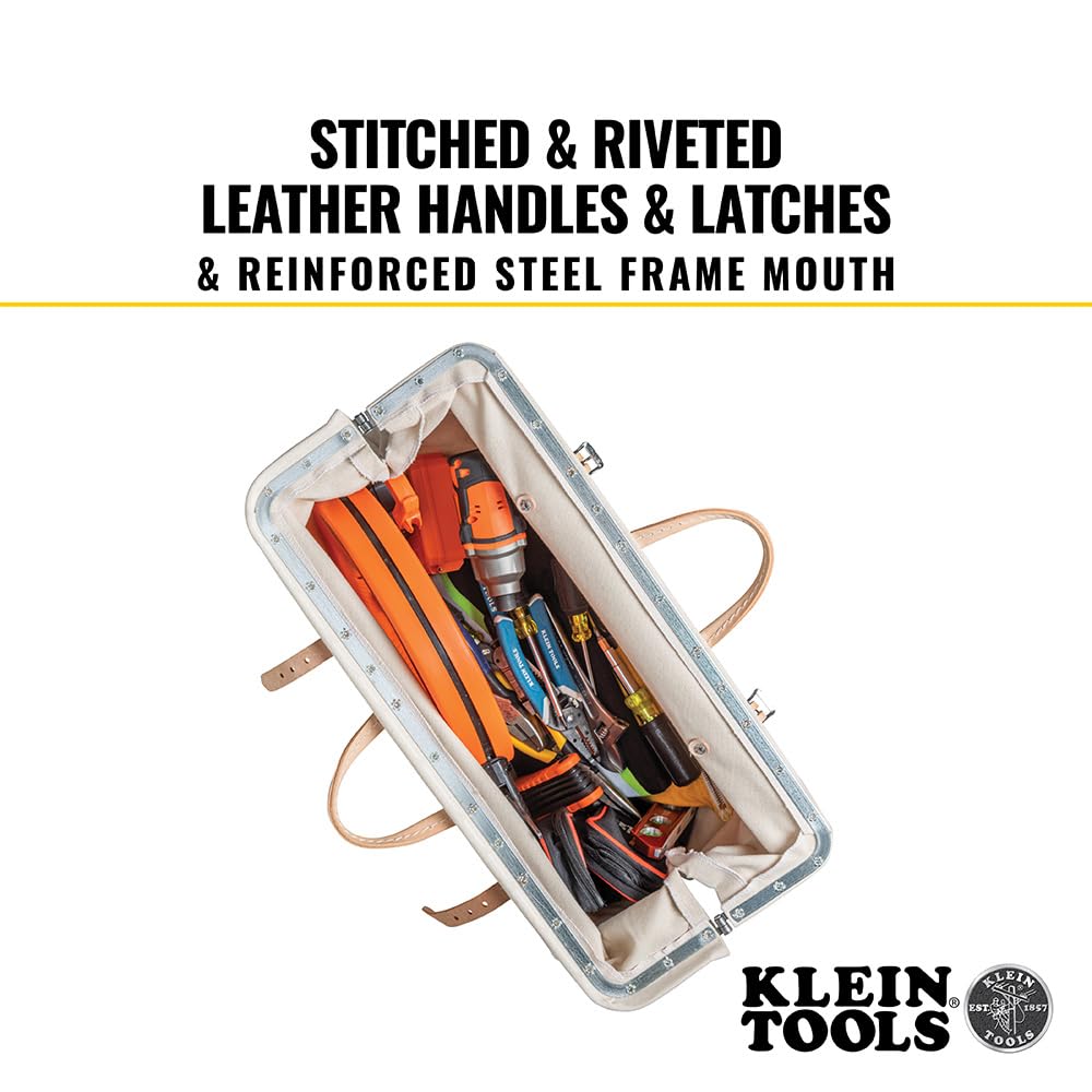Klein Tools 5102-22 Heavy Duty Natural Canvas Tool Bag - 22-Inch Professional Tool Tote with Wide Hinged Opening & Leather Handles - Perfect for Electricians, Contractors & DIY Home Improvement Projects
