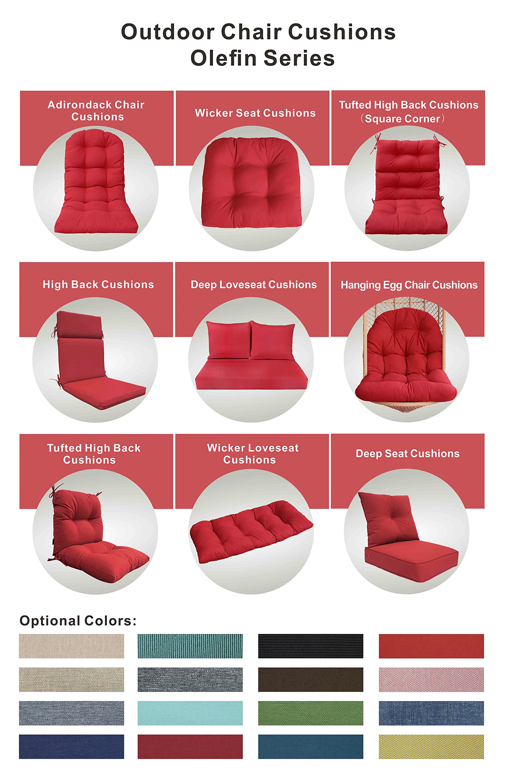 BOSSIMA Indoor/Outdoor Deep Seat Chair Cushion Set - Spring/Summer Seasonal Replacement Cushions (Olefin Bright Red) - Perfect for Patio, Deck, Poolside & Garden Furniture