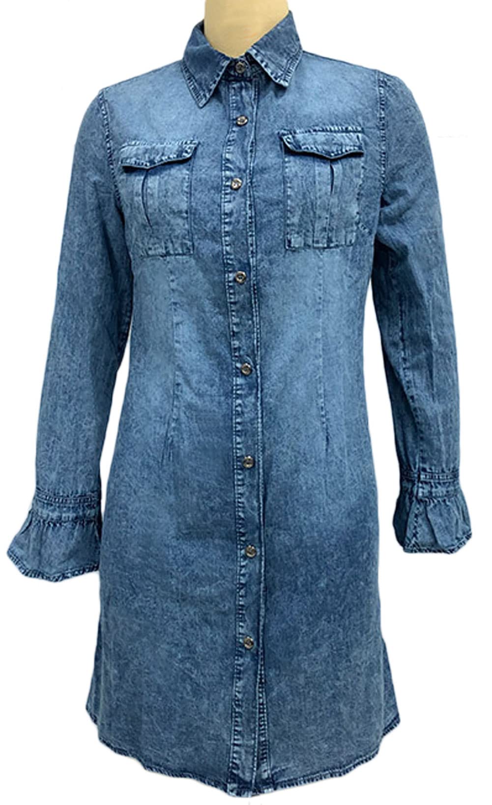 CHARTOU Women's Distressed Denim Shirt Dress - Casual Button Down Tunic with Bell Sleeves | Perfect for Streetwear, Date Night & Summer Outfits