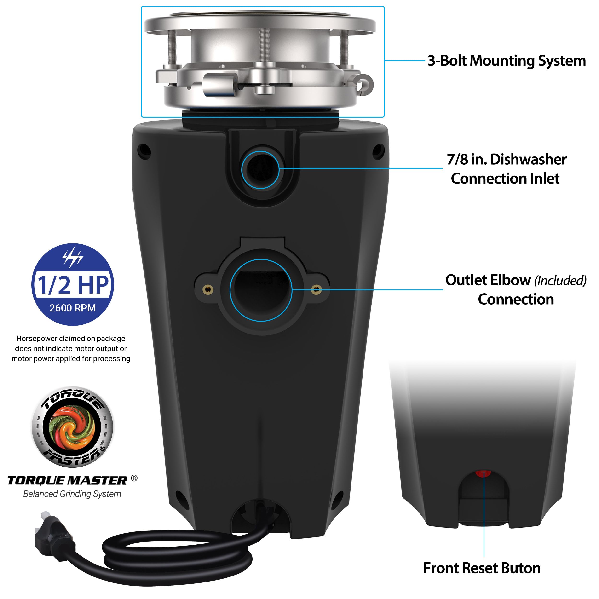 Eco Logic 1/2 HP Continuous Feed Garbage Disposal with Removable Splash Guard - 3-Bolt Mounting System & Power Cord Included - Black | Perfect for Kitchen Waste Disposal & Eco-Friendly Homes