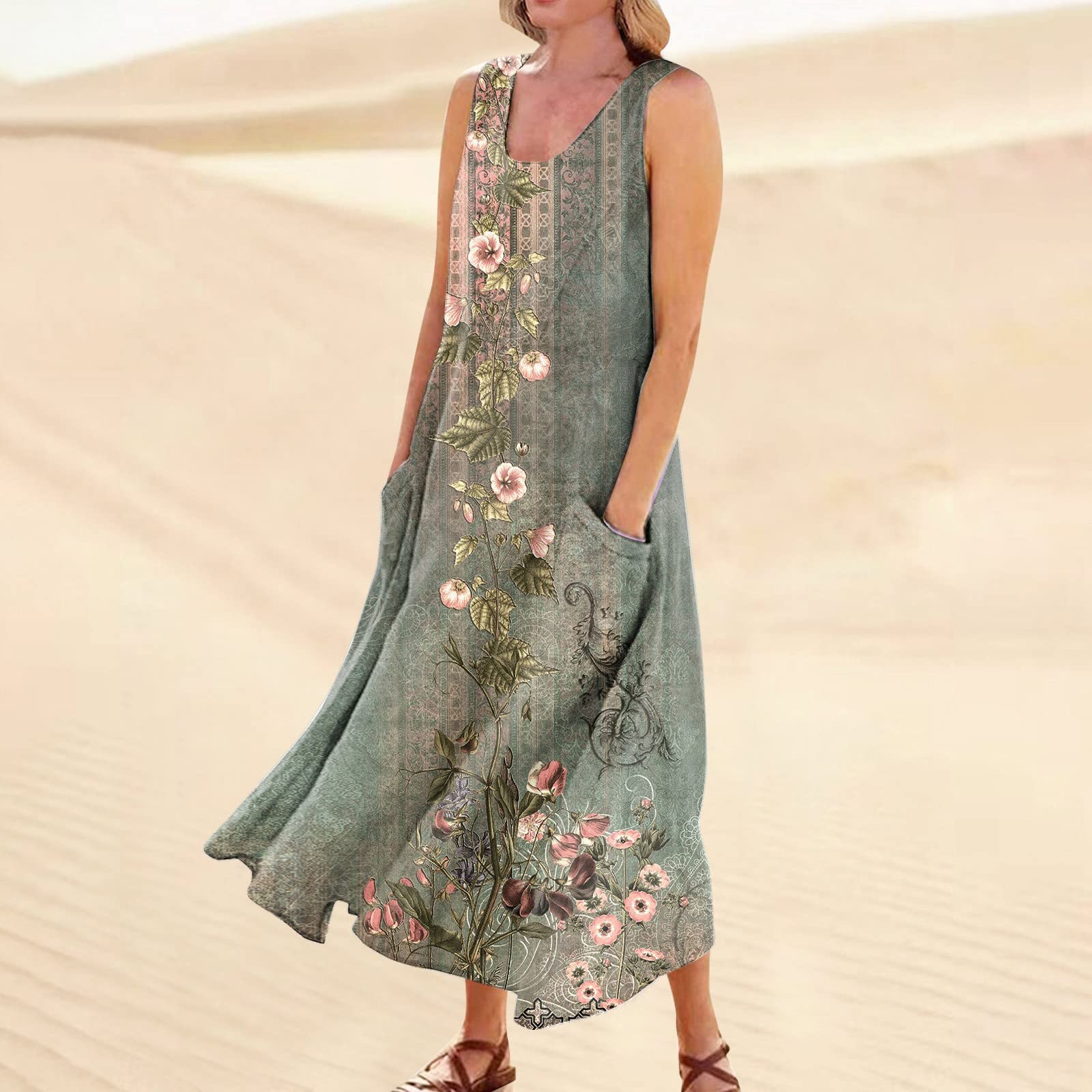 Plus Size Summer Dresses for Women - Sleeveless Flowy Maxi Sundress with Pockets | Casual Loose Fit Beach Dress for Curvy Ladies | Perfect for Vacations, Outdoor Parties & Summer Getaways