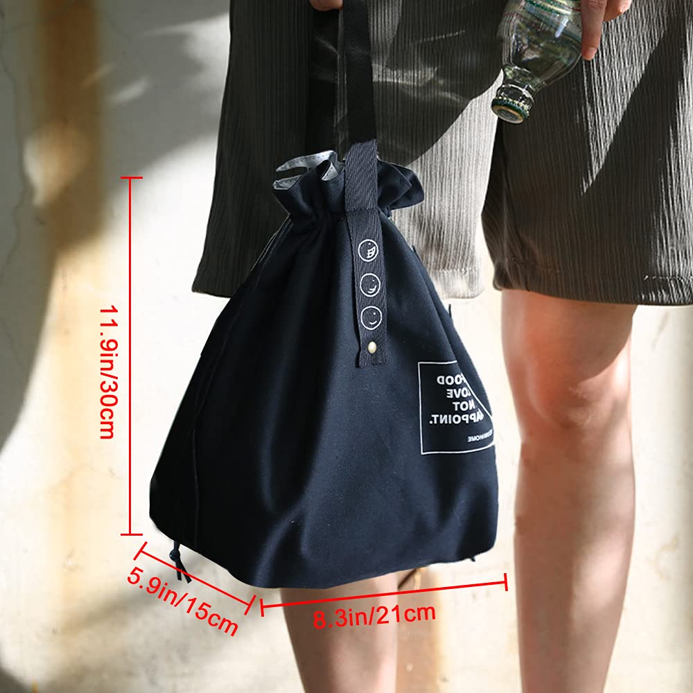 Insulated Canvas Lunch Bag with Drawstring Closure - Foldable Lightweight Cooler Tote for Work, Office, Picnic & Outdoor Activities - Black Lunch Box for Adults & Kids