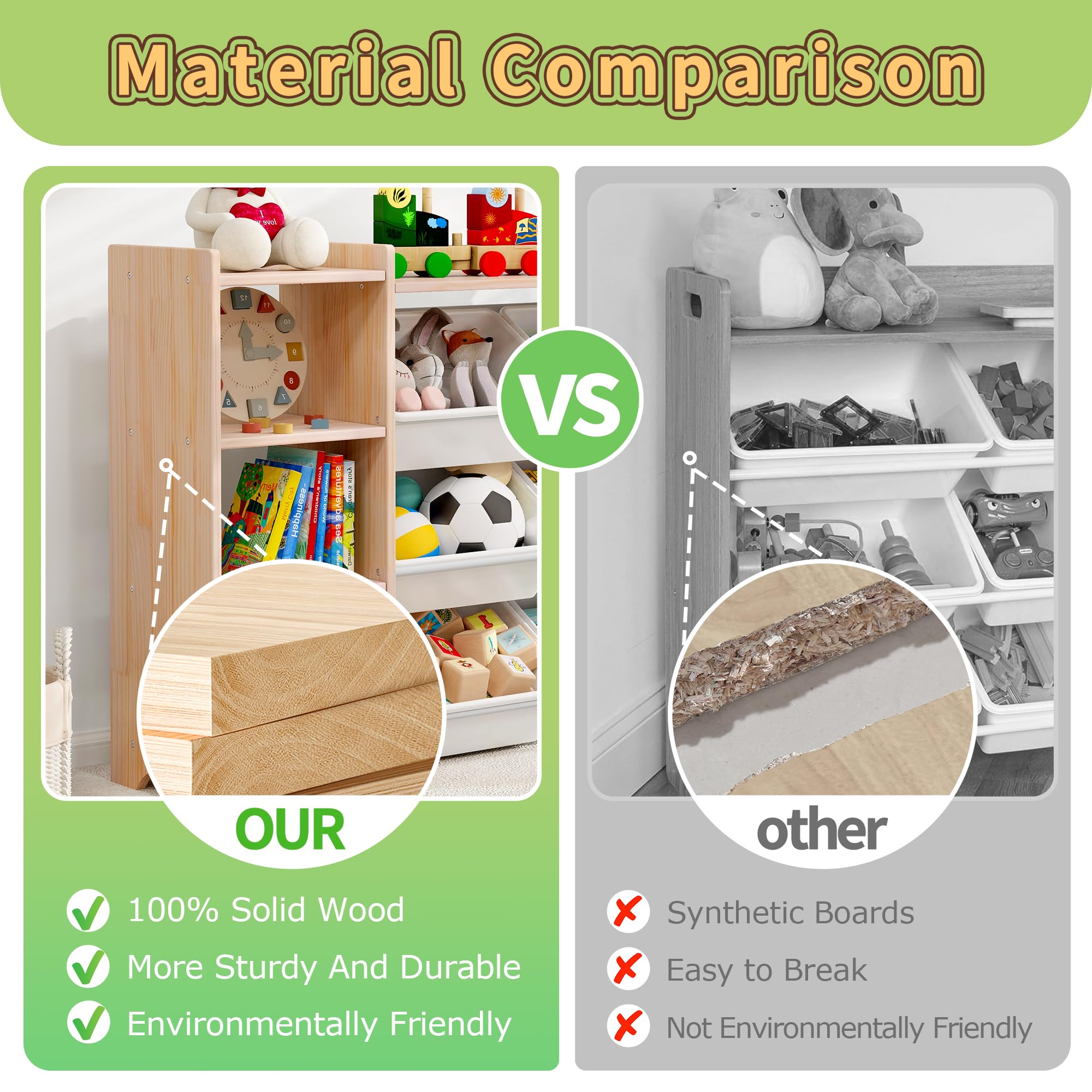 MallBest 4-Tier Kids Toy Storage Organizer Shelf - 100% Solid Wood Extra Wide Children's Storage Cabinet with 9 Plastic Bins & 6 Storage Ports | Perfect for Playroom, Bedroom & Classroom Organization