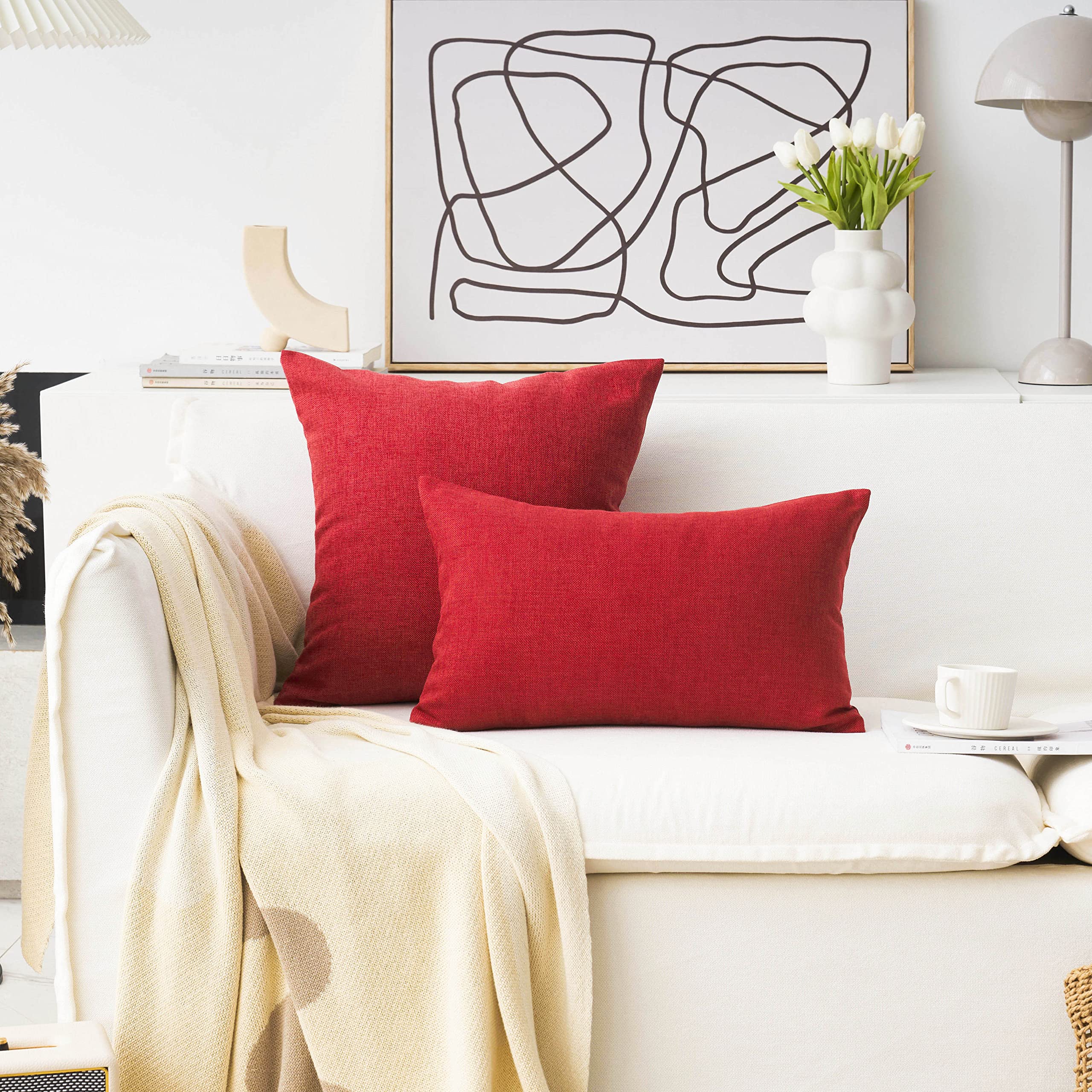 Premium Linen Euro Sham Pillow Covers Set of 2 - 24x24 Inch (60x60cm) Burgundy Red - Couch, Sofa, Bed & Patio Decor - Soft Washable Cushion Covers for Living Room, Bedroom & Outdoor Use