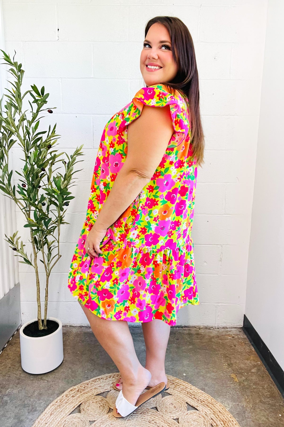 Be Charming Lime & Pink Floral Print Tiered Ruffle Sleeve Dress - Women's Summer Party Dress for Weddings, Garden Parties & Date Nights