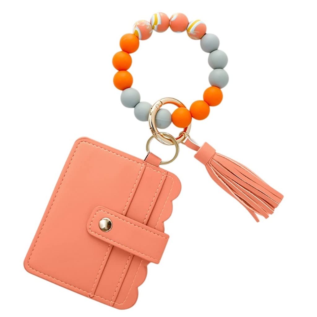 WYFDP Women's Silicone Wristlet Keychain Bracelet - Credit Card Holder Wallet with Beaded Tassel Key Ring - Fashion Bangle for Everyday Use (Color: C, One Size) | Perfect for Work, Travel, and Daily Essentials