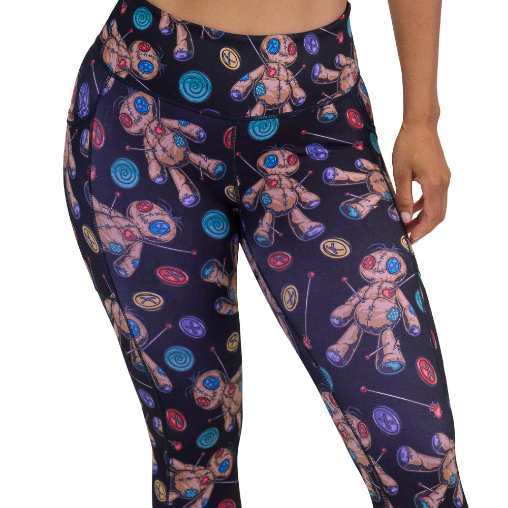Voodoo Doll Print Leggings for Women - Stylish Black Yoga Pants for Workout, Halloween Costume & Gothic Fashion