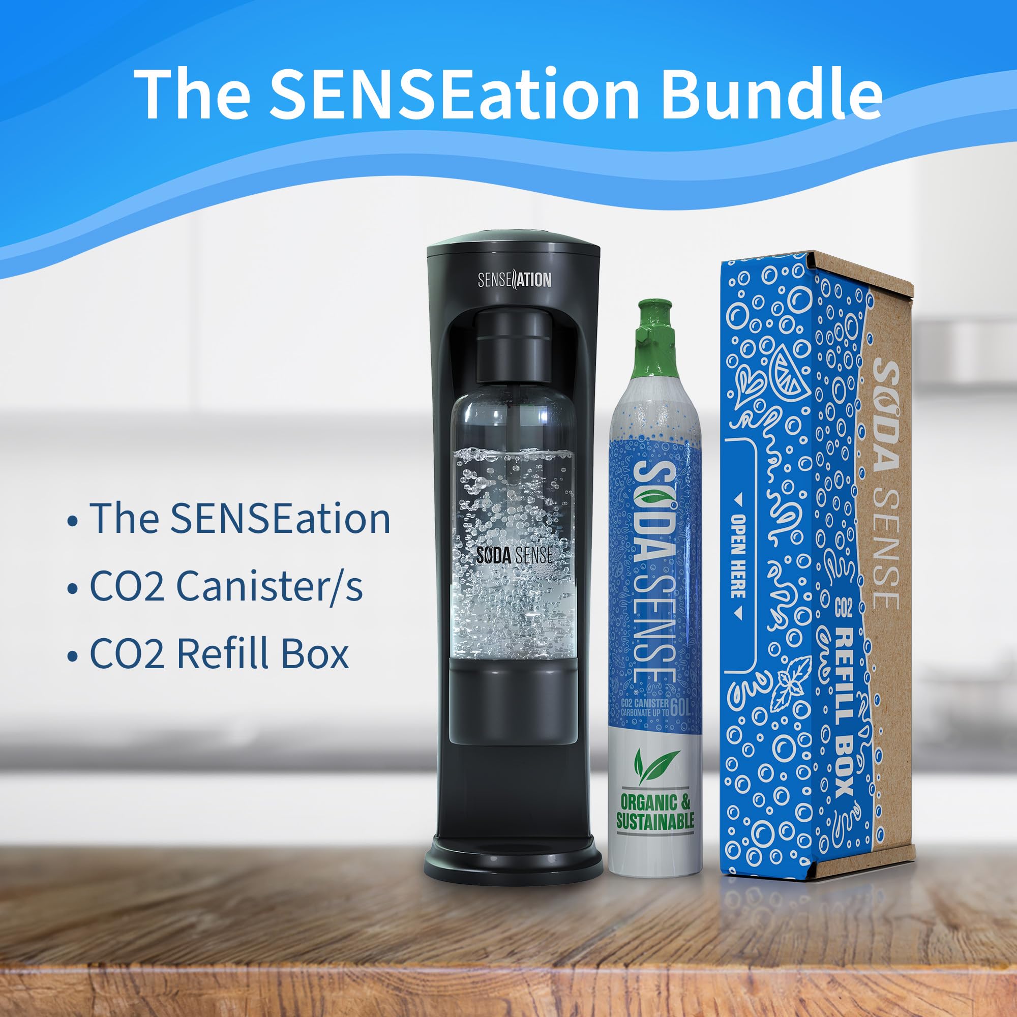 Soda Sense SENSEation Sparkling Water Maker Kit with CO2 Canisters & Reusable Bottle - Make Carbonated Drinks at Home for Parties, Healthy Hydration & DIY Soda